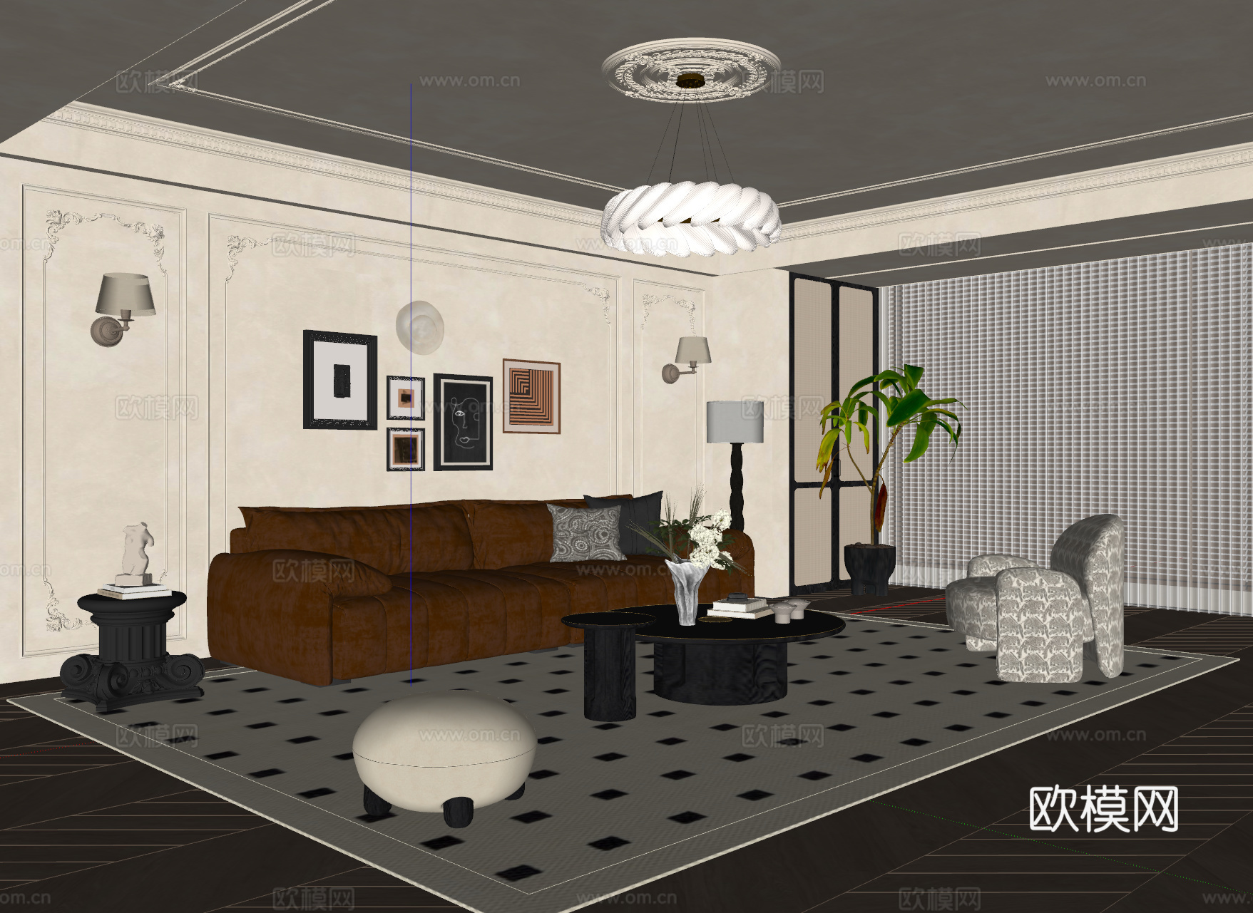 法式中古风客厅 沙发茶几 休闲椅 挂画 吊灯 落地灯 地毯su模型