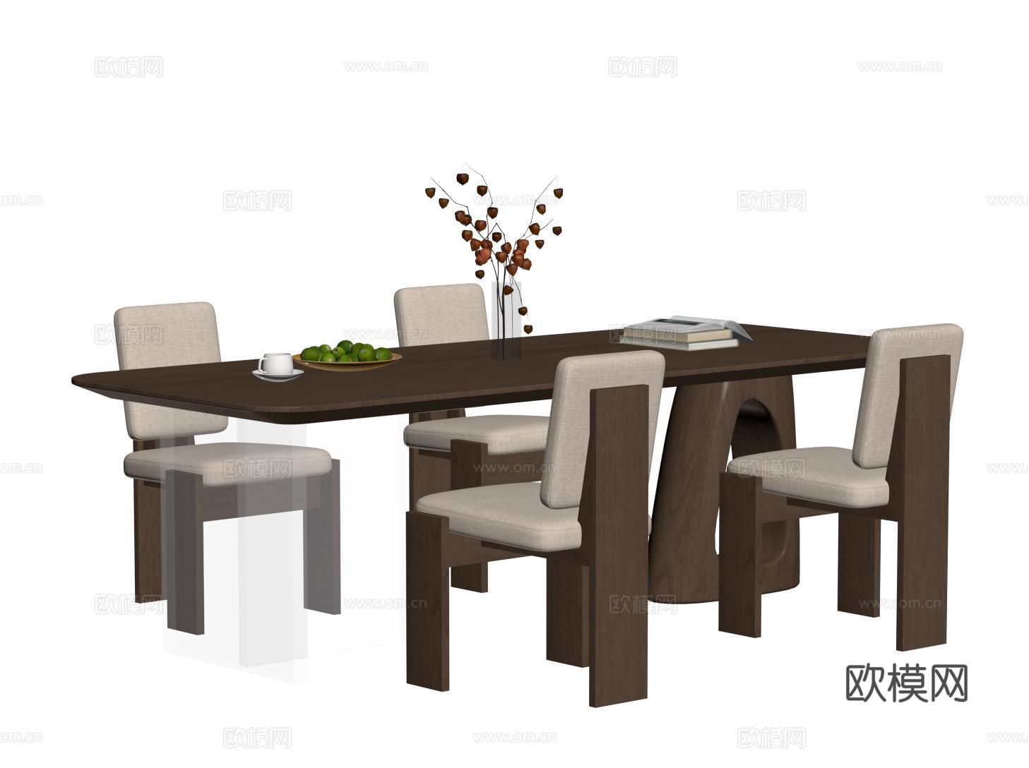 宋氏餐桌椅 长方形餐桌 新中式餐椅su模型