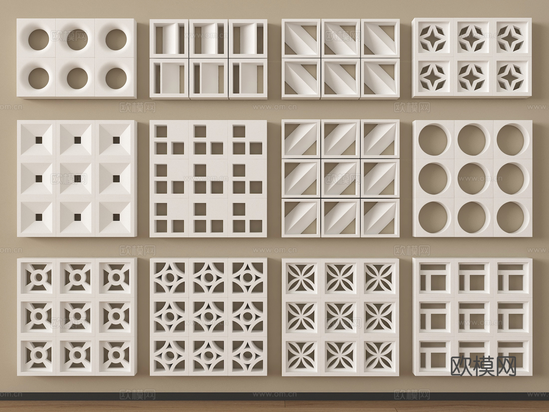现代水泥砖隔断 镂空水泥砖隔断 空心砖 镂空砖su模型