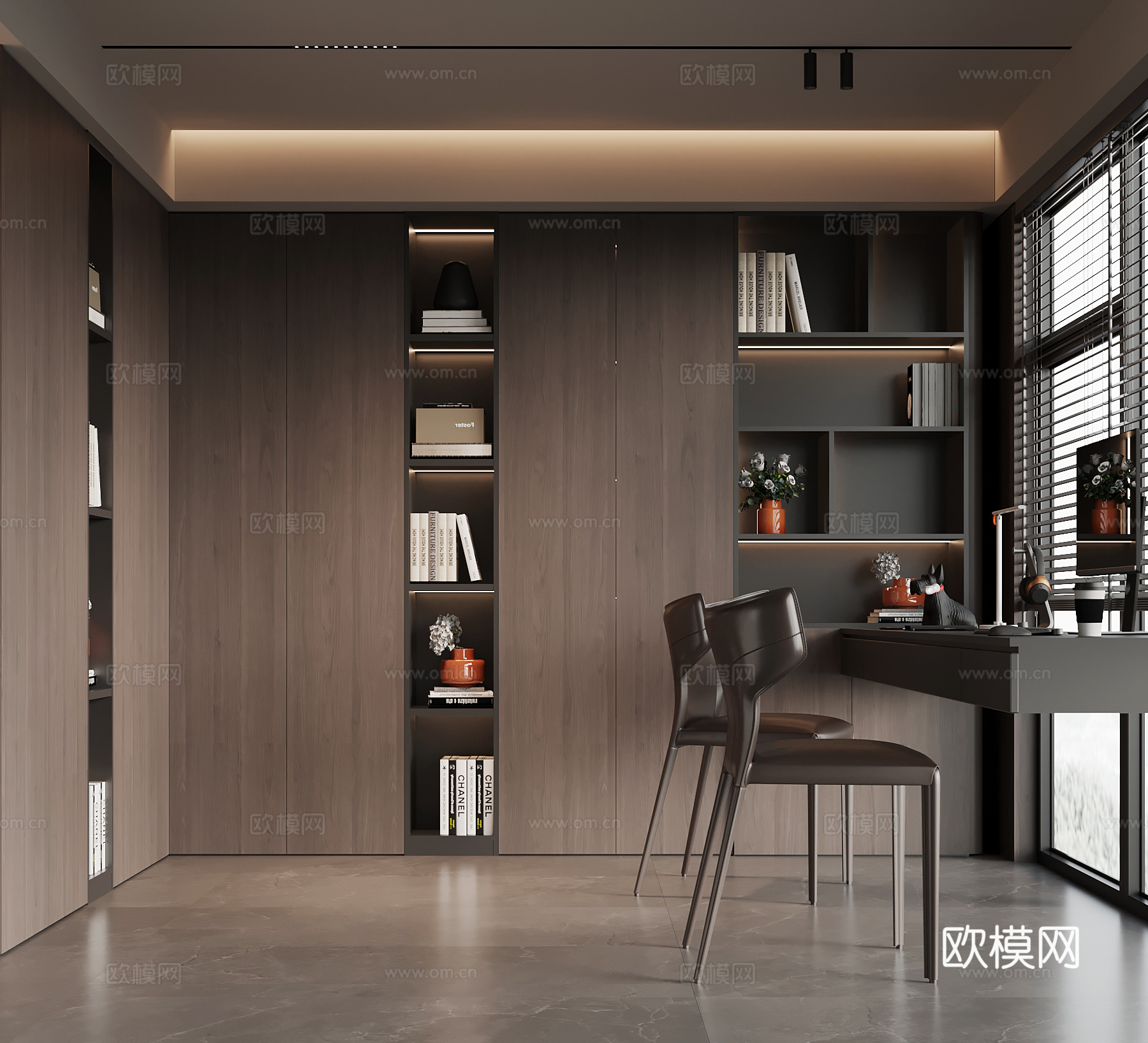意式书房 L型书柜 书桌椅su模型