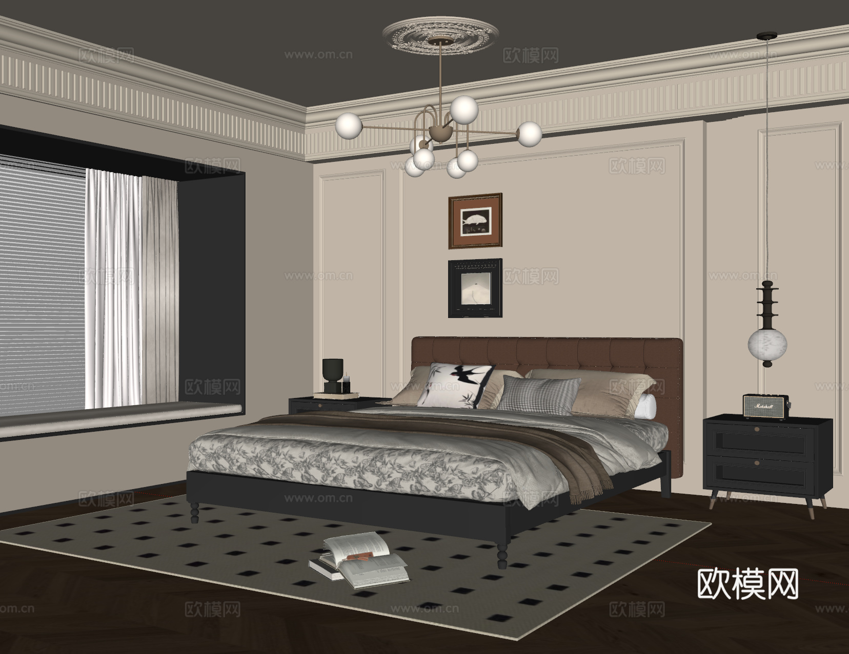 法式中古风卧室 实木双人床 床头柜 吊灯 挂画 地毯su模型