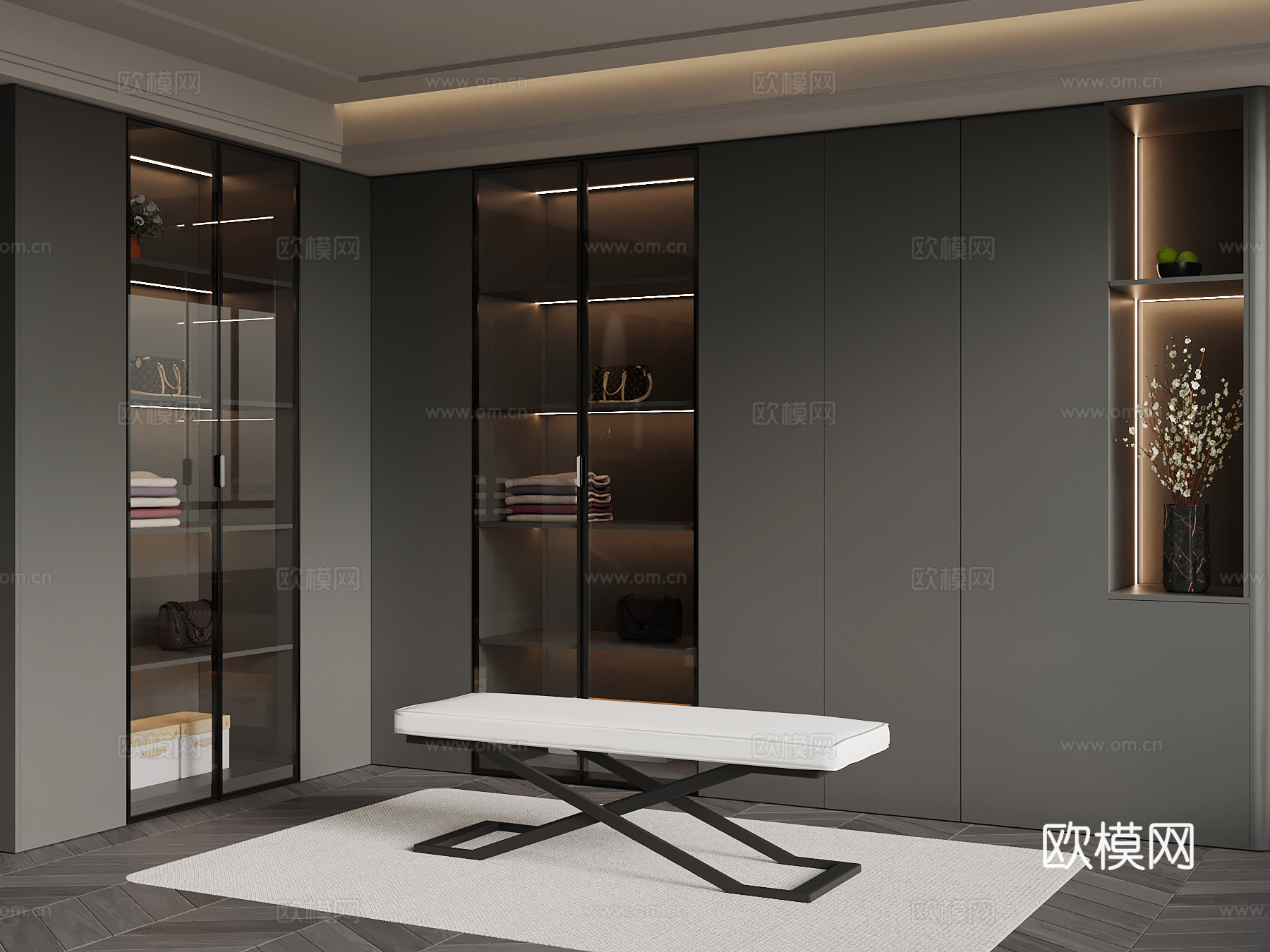 现代意式衣帽间 L型衣柜su模型