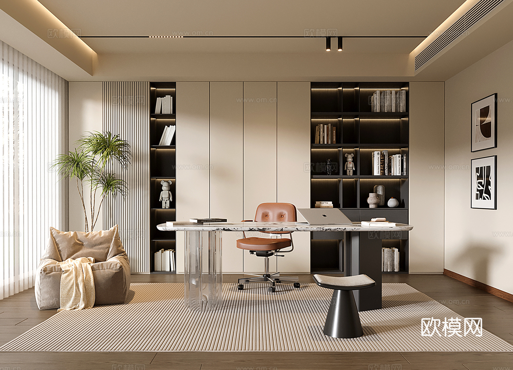 现代书房 书柜 书桌椅 绿植盆栽su模型