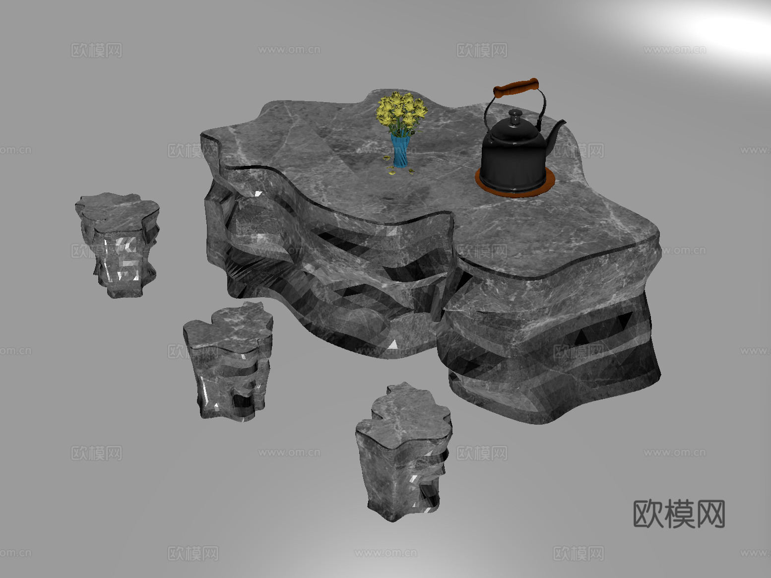 新中式石头户外桌椅 茶桌椅 休闲桌椅su模型