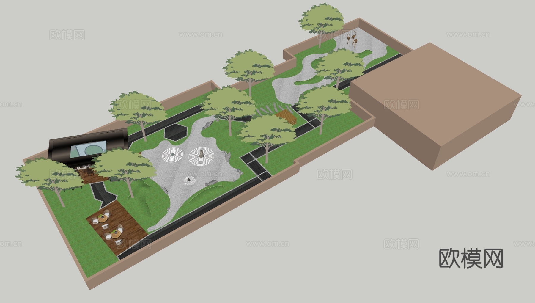 新中式屋顶花园 露台花园 花园平台 屋顶花园 花园su模型
