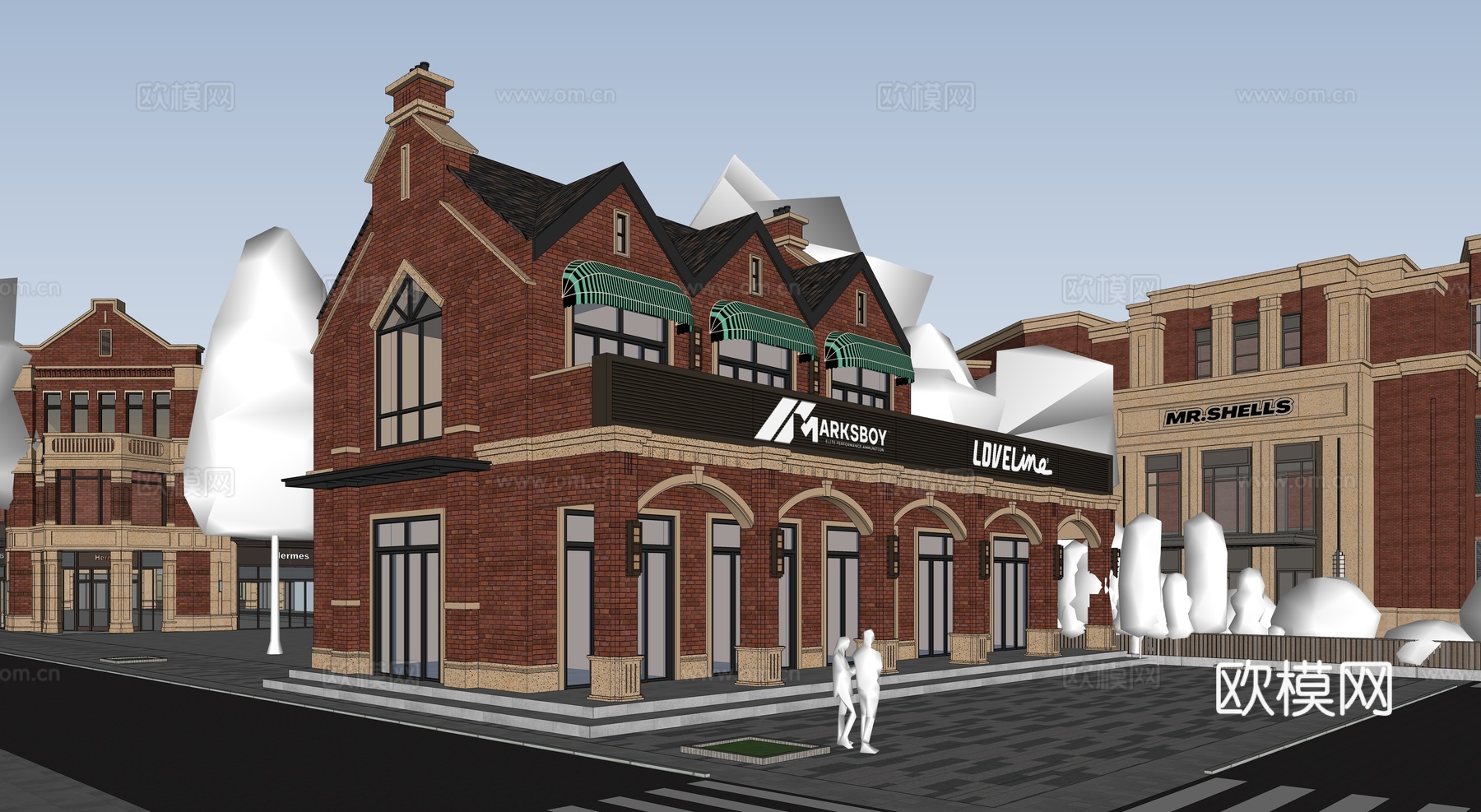 红砖 商业步行街 沿街商业su模型