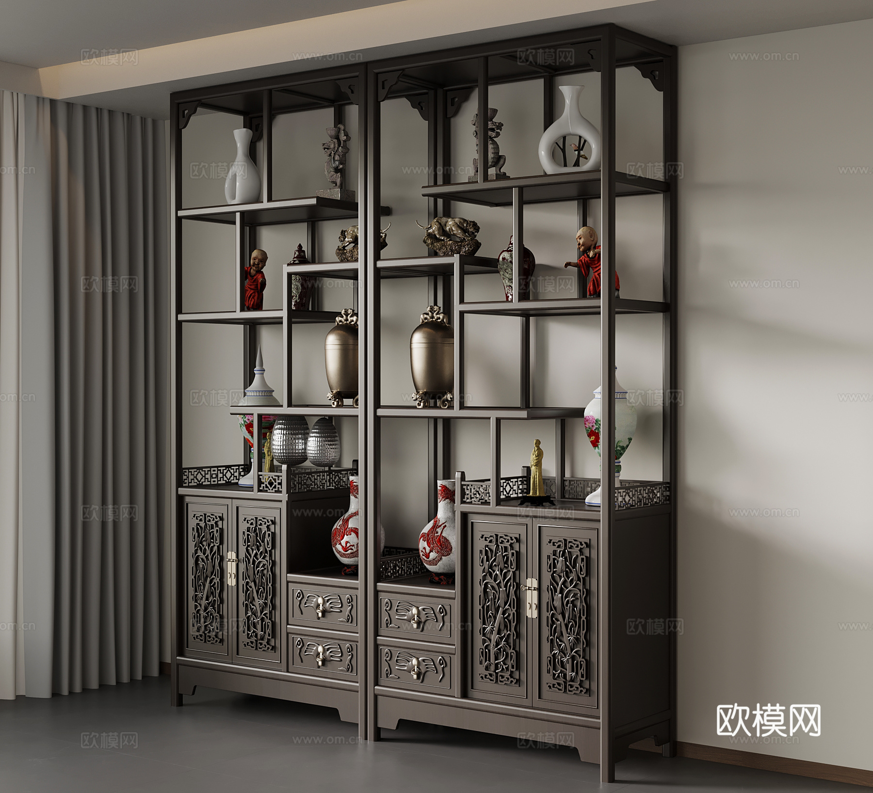 新中式博古架 置物架su模型