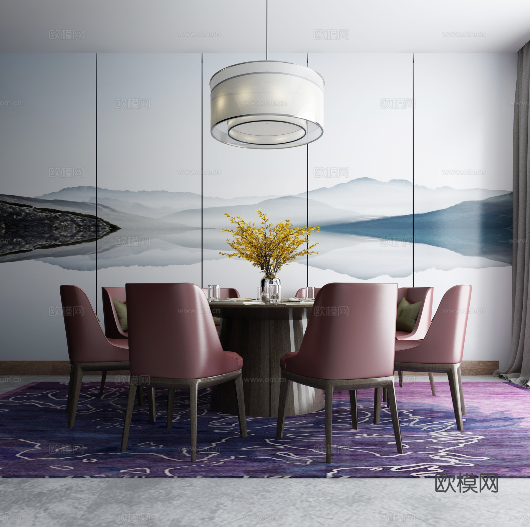 新中式餐桌椅 吊灯组合3d模型下载（渲染图2）