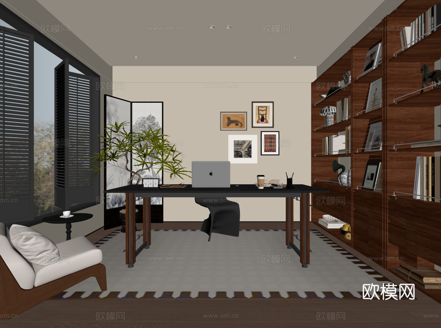 中古现代书房 开放式书柜 书桌椅su模型