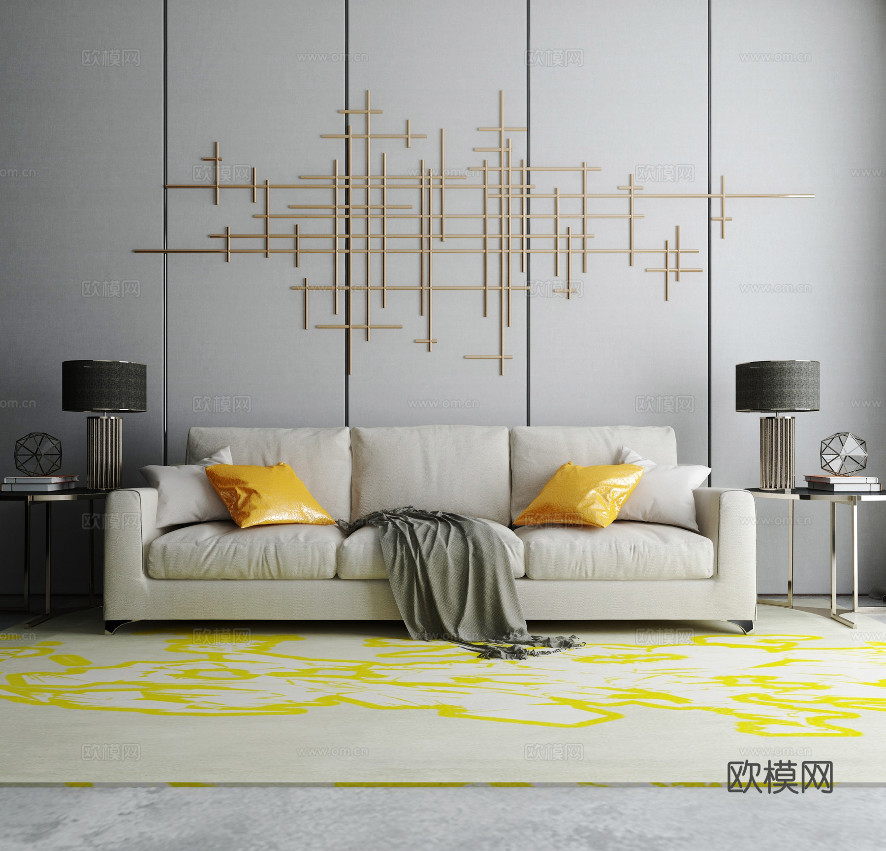 新中式沙发茶几组合3d模型下载（渲染图2）