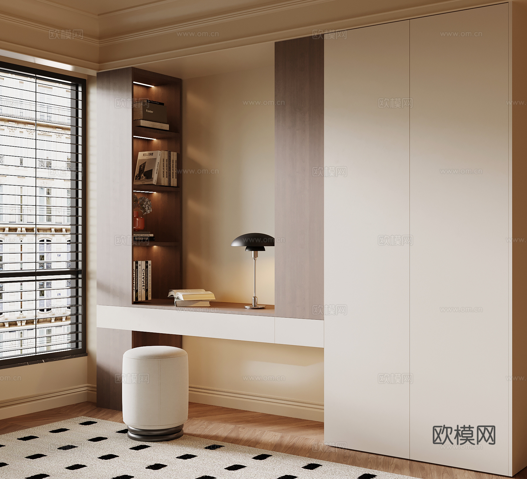 现代中古风飘窗柜su模型