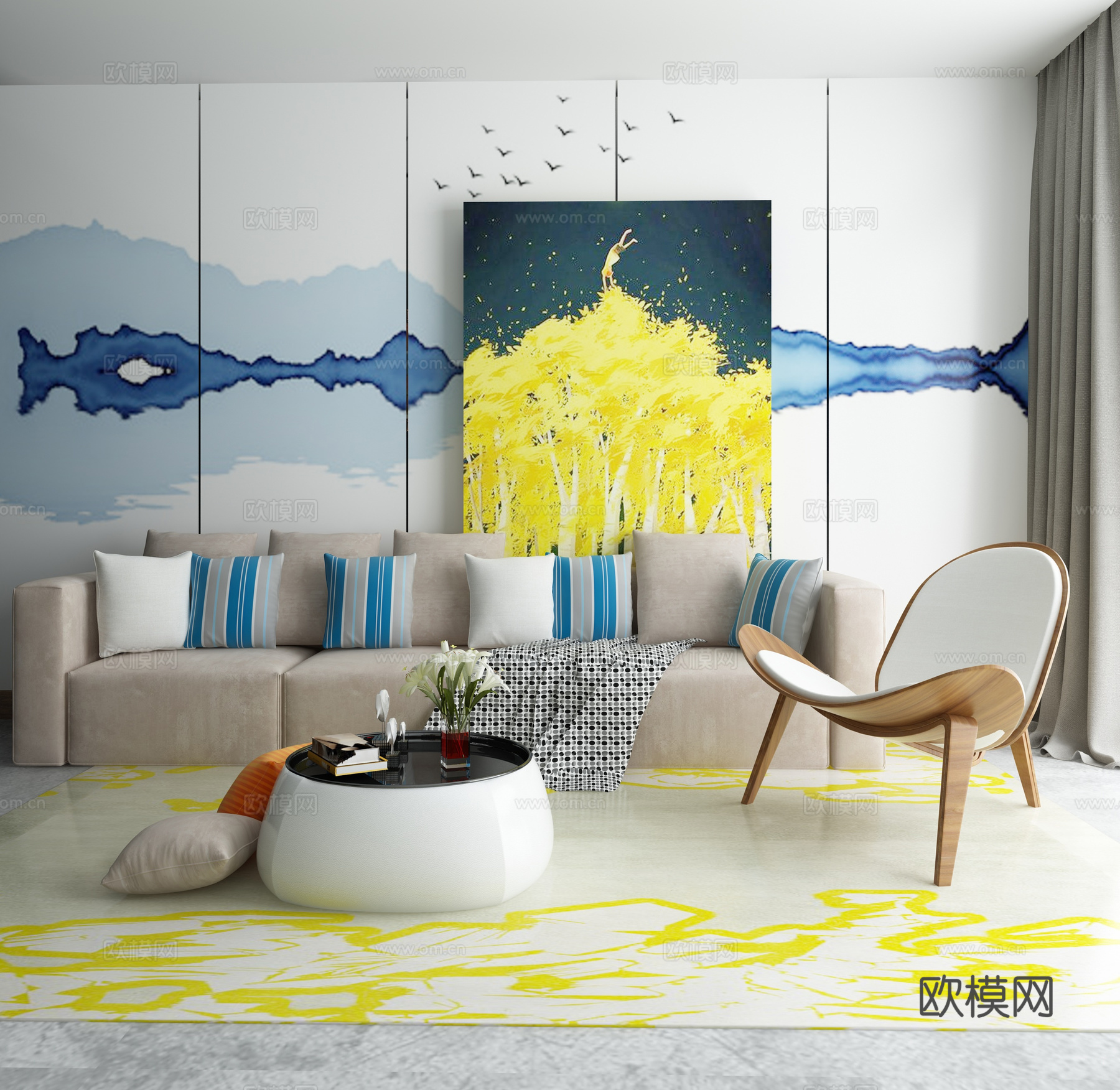 新中式沙发茶几组合 装饰画3d模型下载（渲染图1）