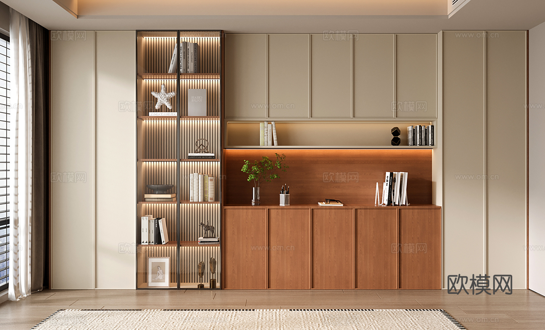 现代定制书柜 玻璃门书柜 开放格书柜su模型