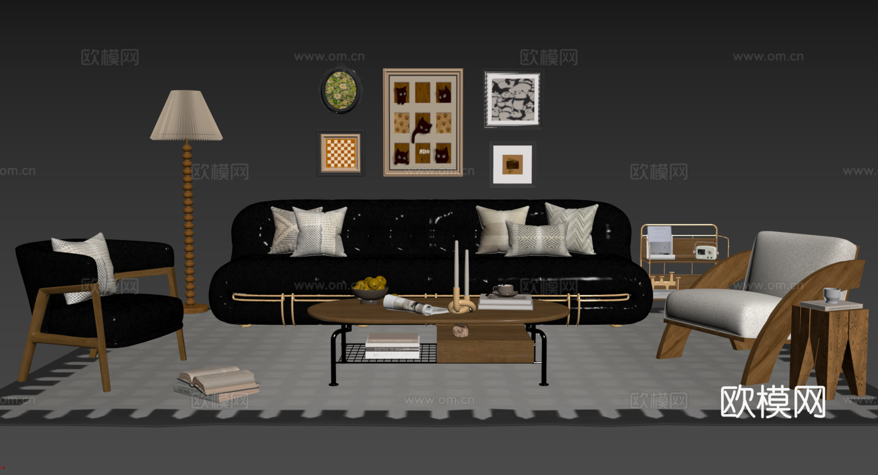 法式复古沙发组合 单人沙发 休闲椅 茶几 落地灯 装饰画su模型