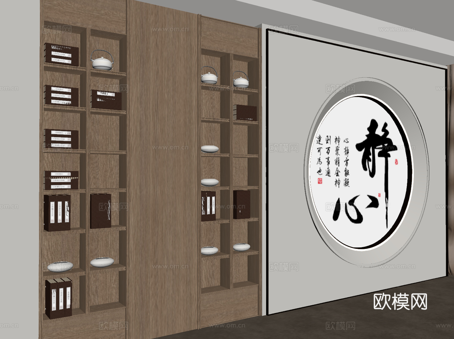 新中式茶柜 茶室背景墙su模型