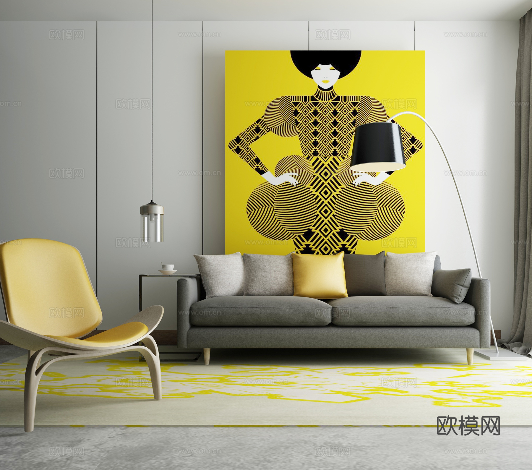 新中式沙发茶几组合3d模型下载（渲染图1）