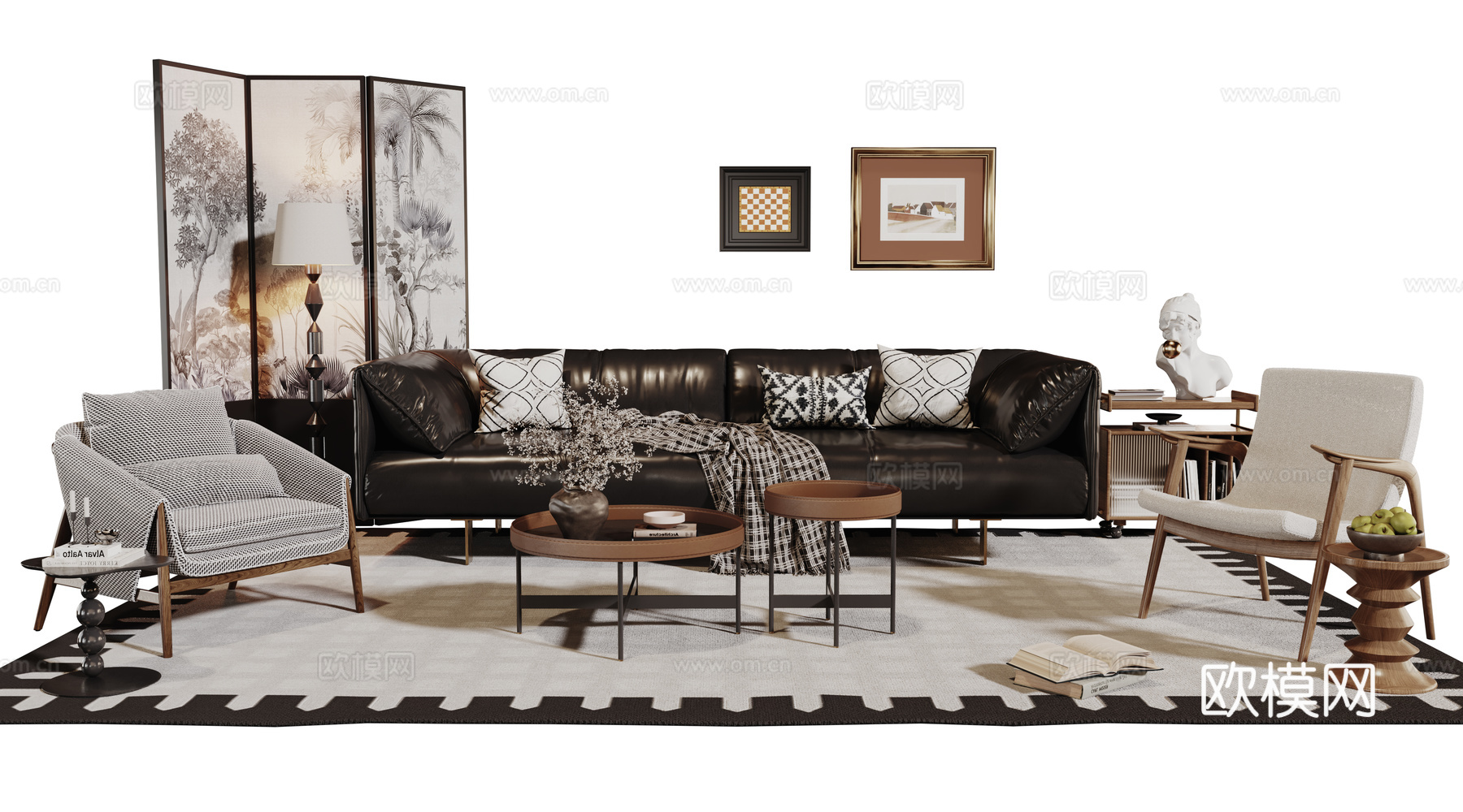 法式复古沙发组合 单人沙发 休闲椅 茶几 落地灯 装饰画su模型