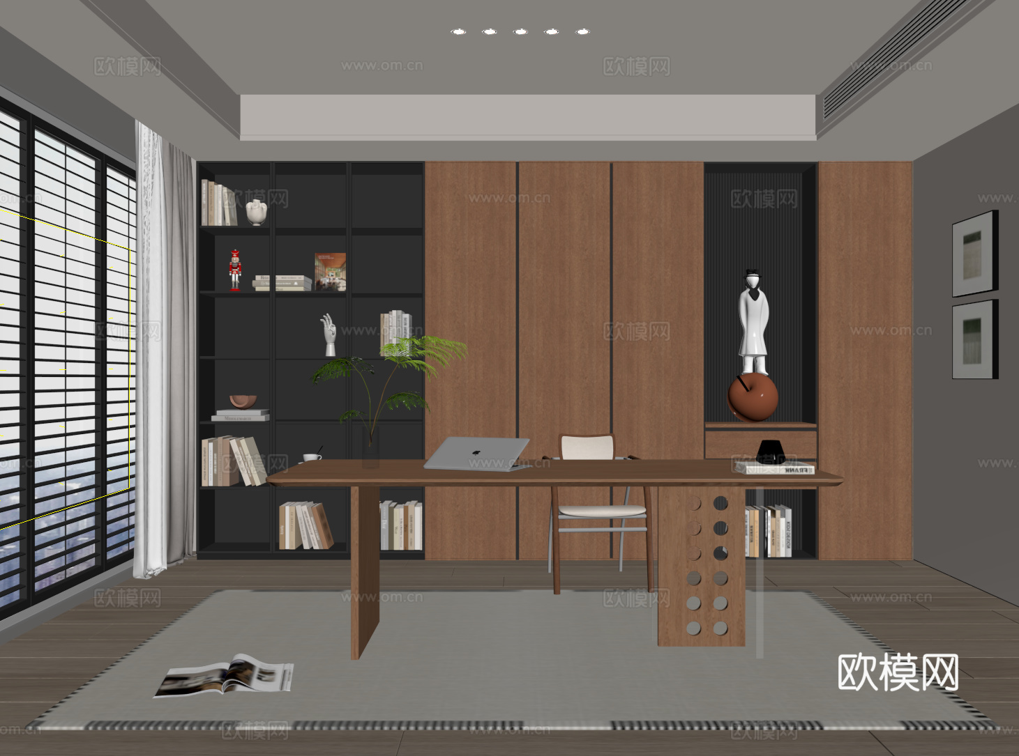 现代中古书房 书柜 书桌椅 雕塑su模型