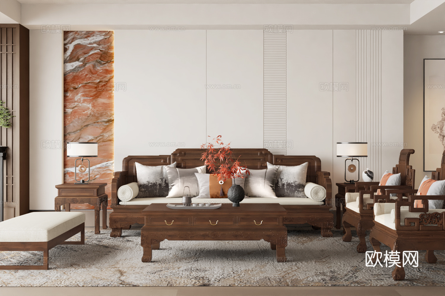 新中式客厅 沙发 实木沙发 中式沙发su模型