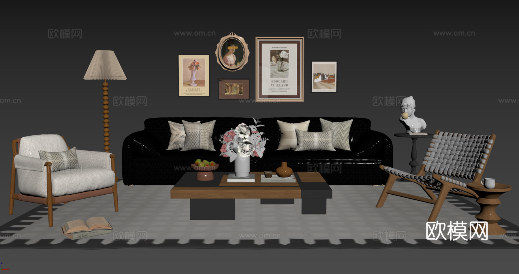 法式复古沙发组合 单人沙发 休闲椅 茶几 落地灯 装饰画su模型