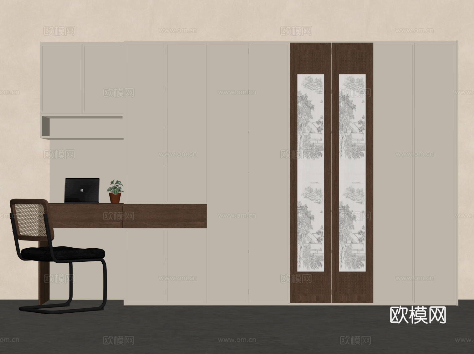 中古风衣柜 书桌一体柜su模型