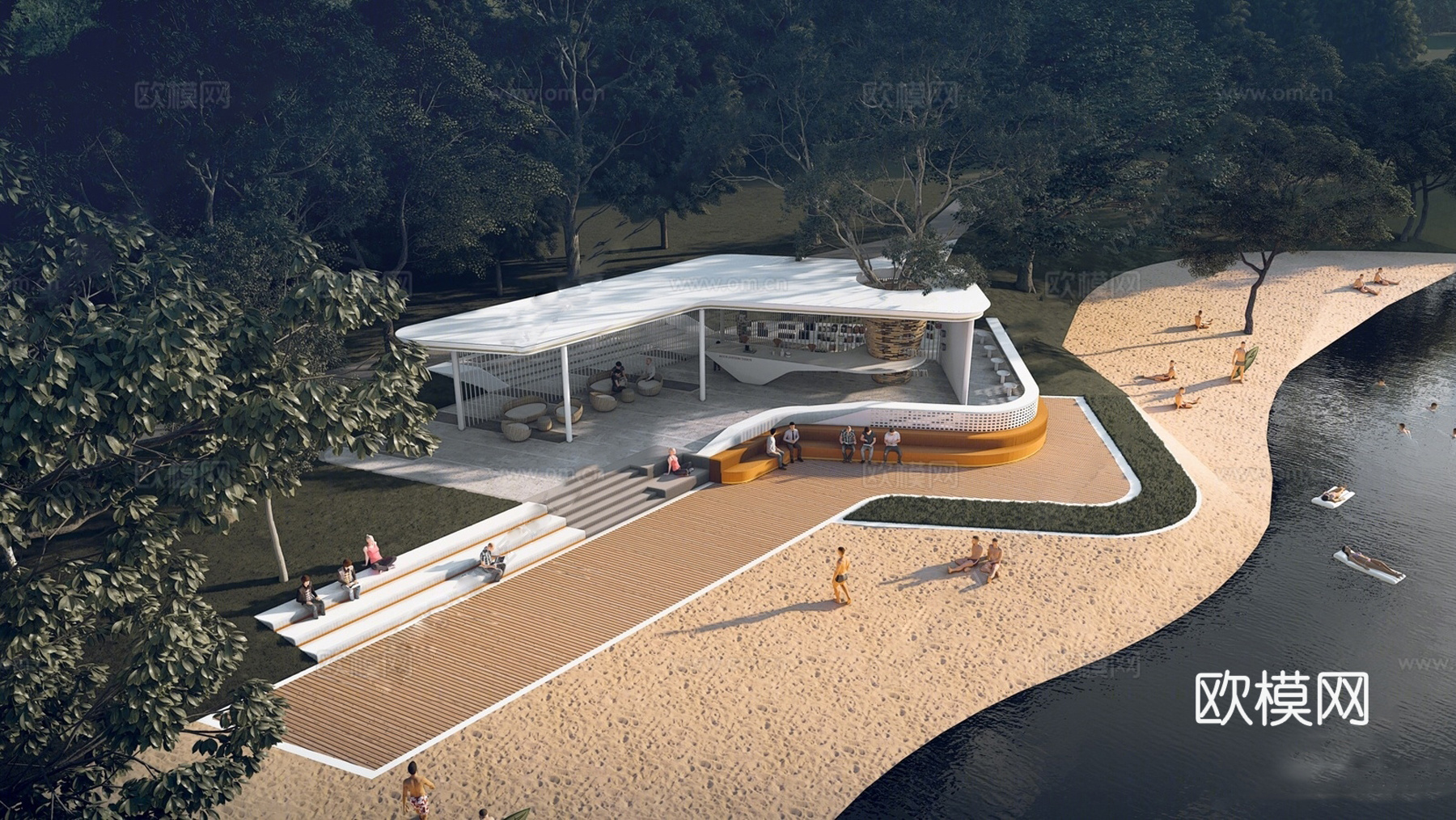 现代廊架 异形廊架 滨水廊架su模型下载（渲染图1）