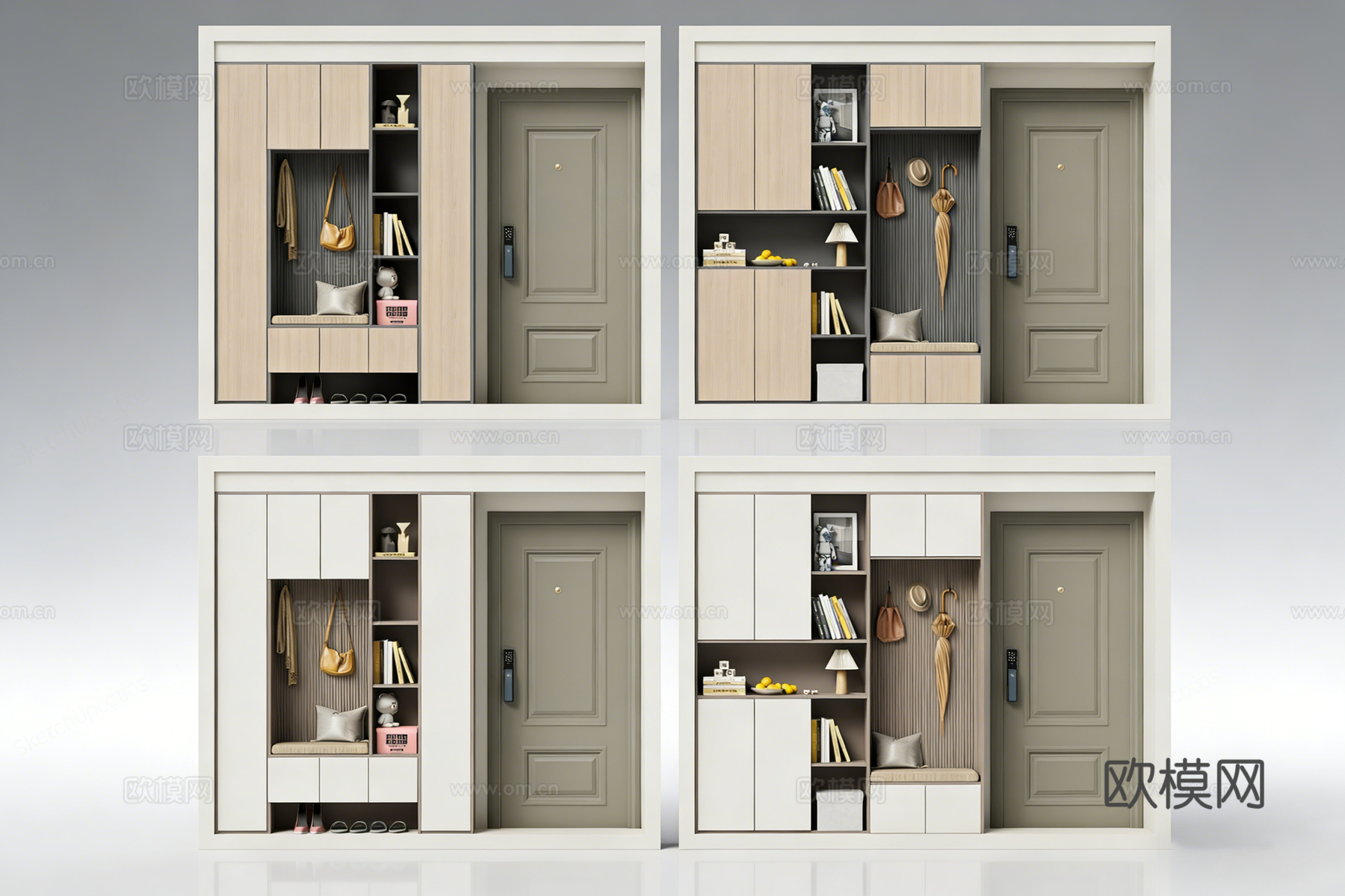 现代多功能玄关柜 带换鞋凳 到顶高柜 开放式书架 收纳su模型