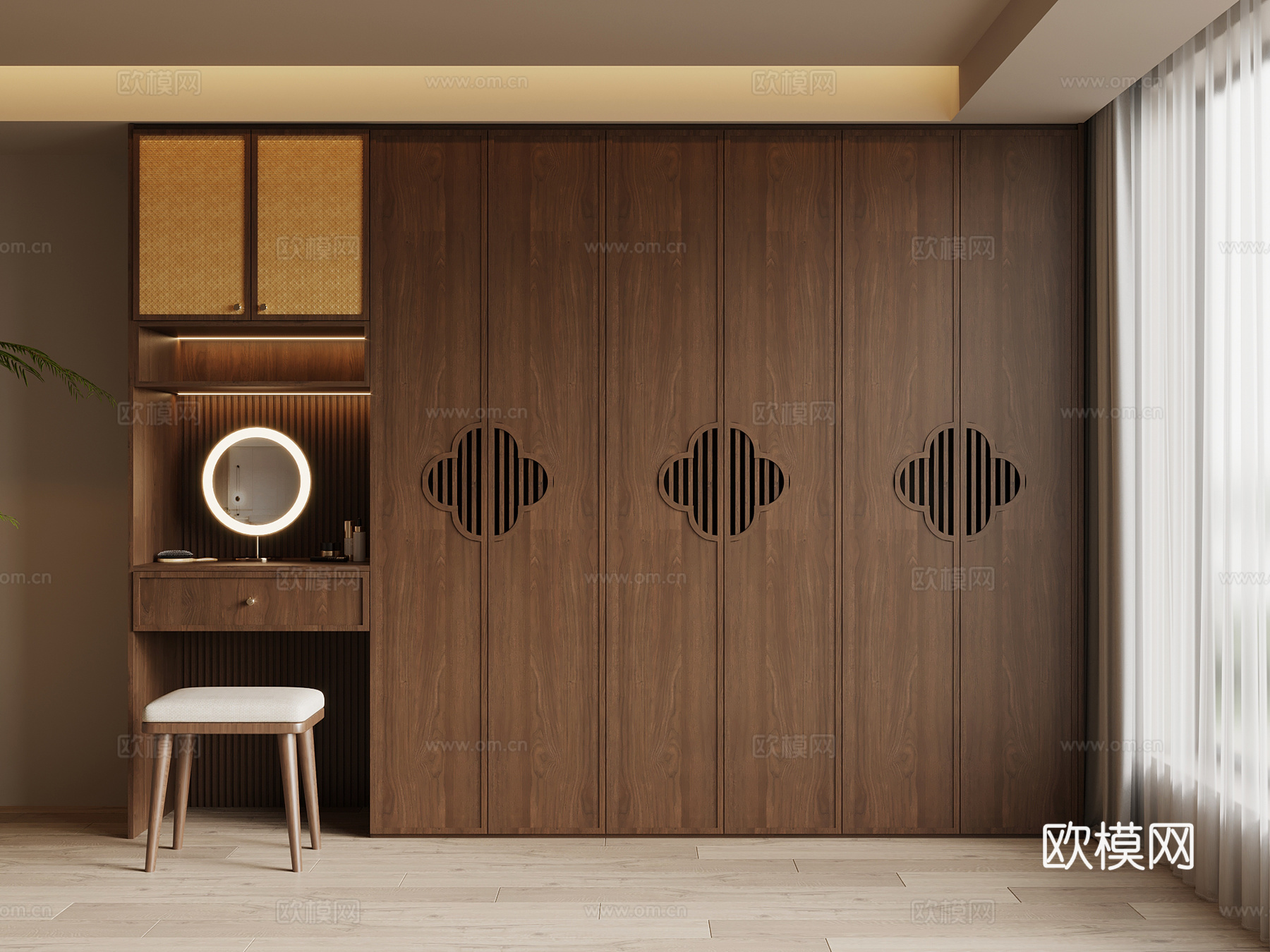 新中式衣柜 宋式风衣柜 梳妆台一体柜su模型