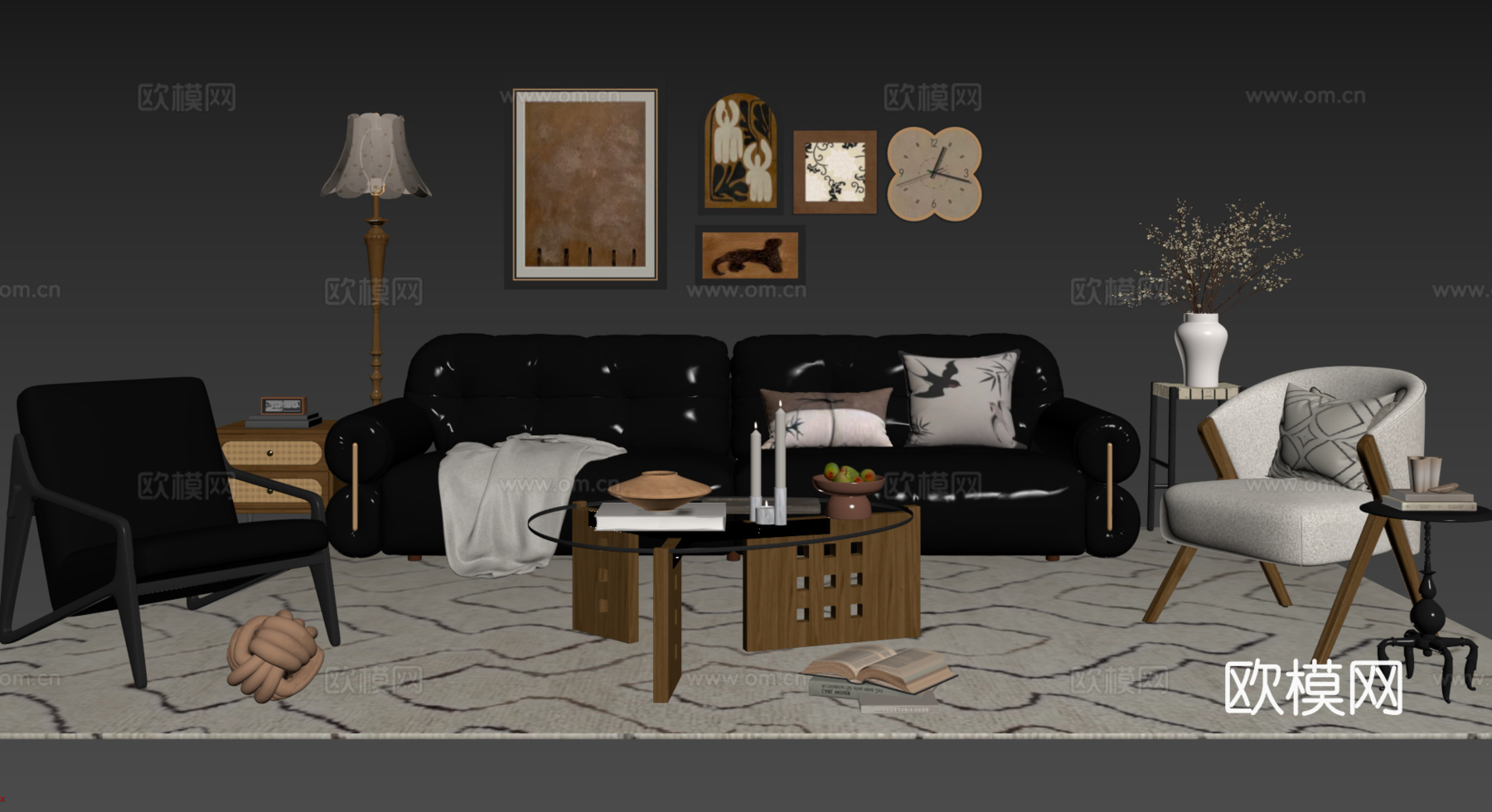 法式复古沙发组合 单人沙发 休闲椅 茶几 落地灯 装饰画su模型