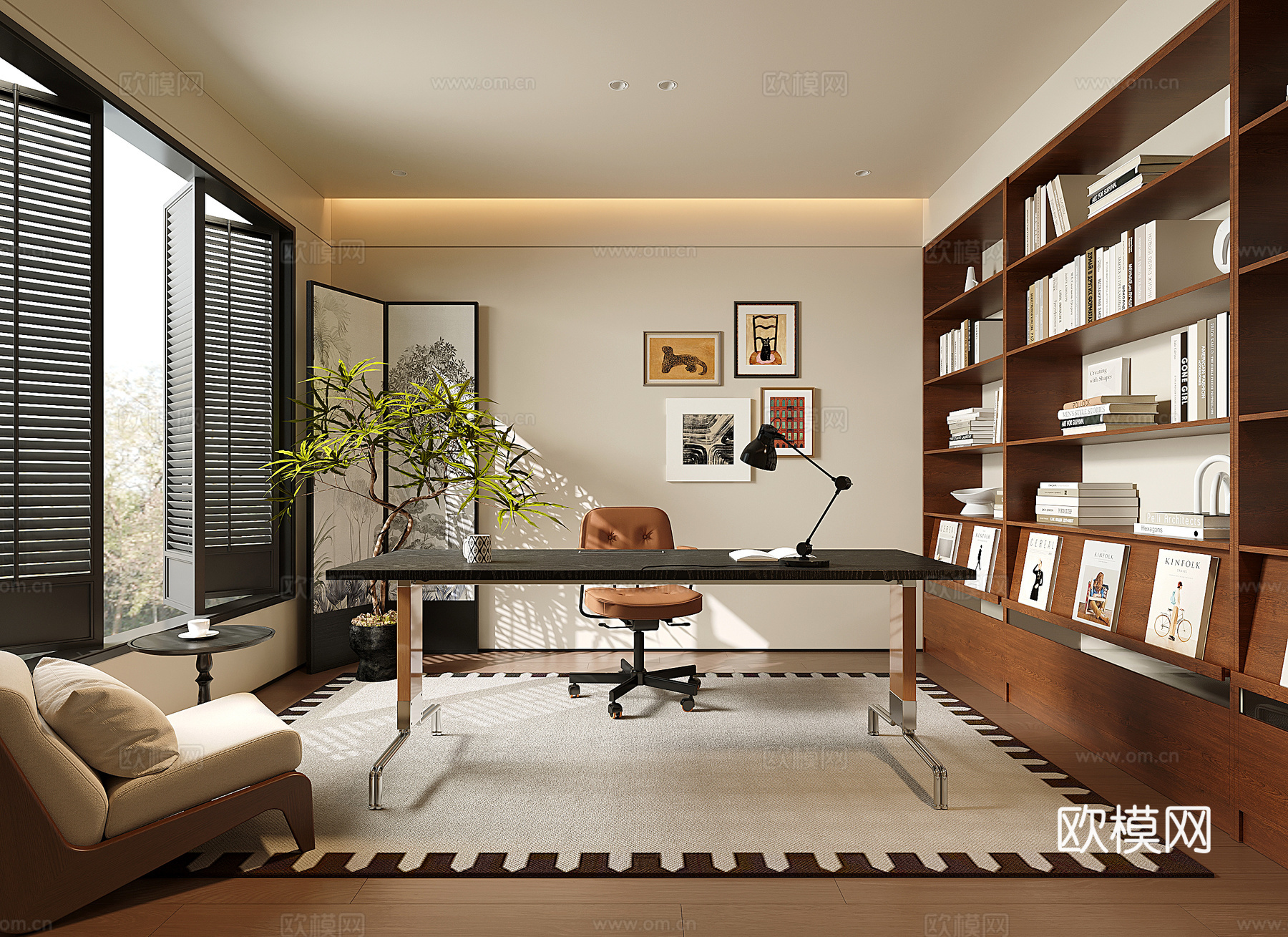 中古现代书房 开放式书柜 书桌椅su模型