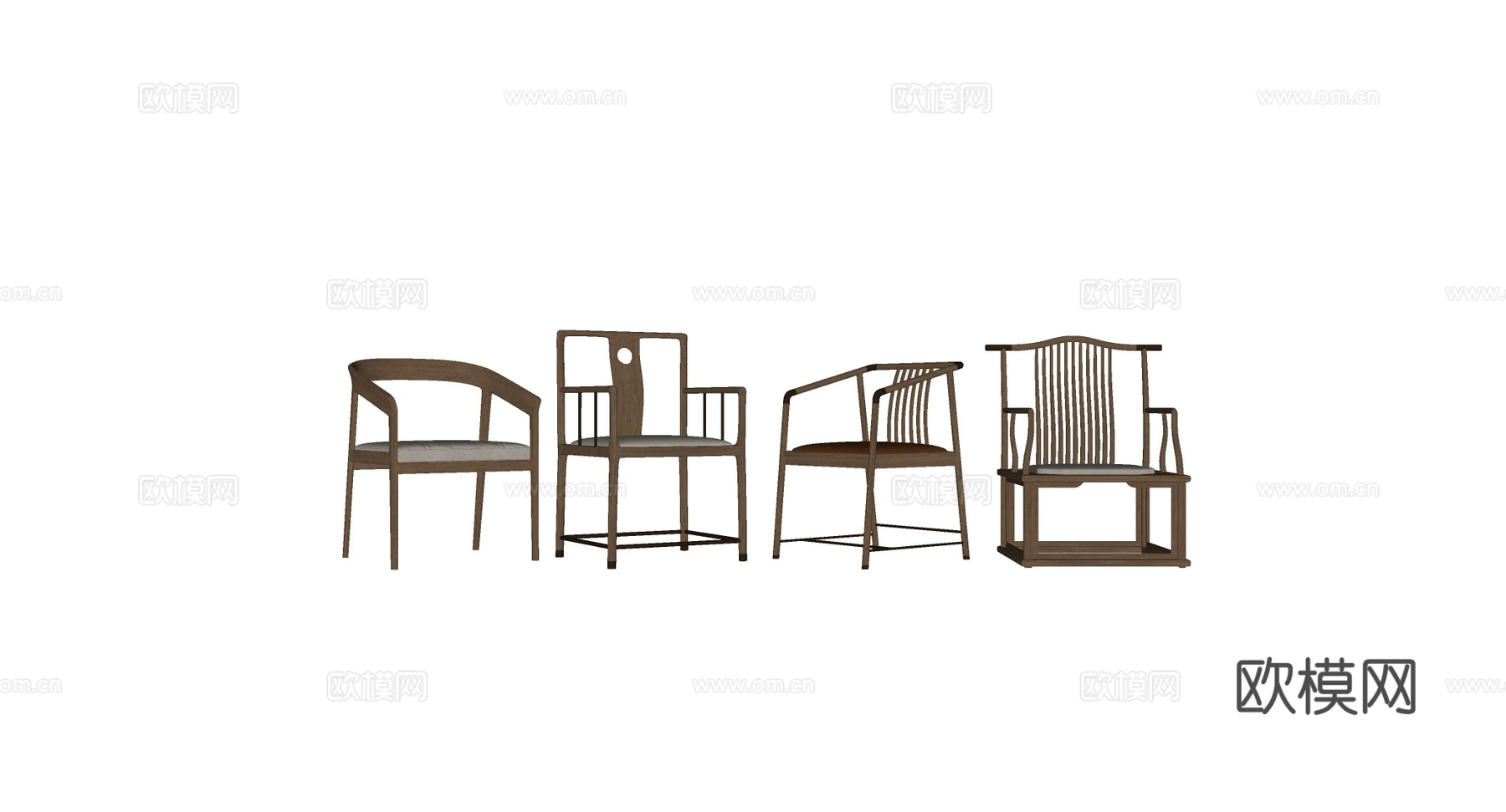 新中式实木餐椅 弧形圆形镂空 弯曲木条  太师单椅su模型