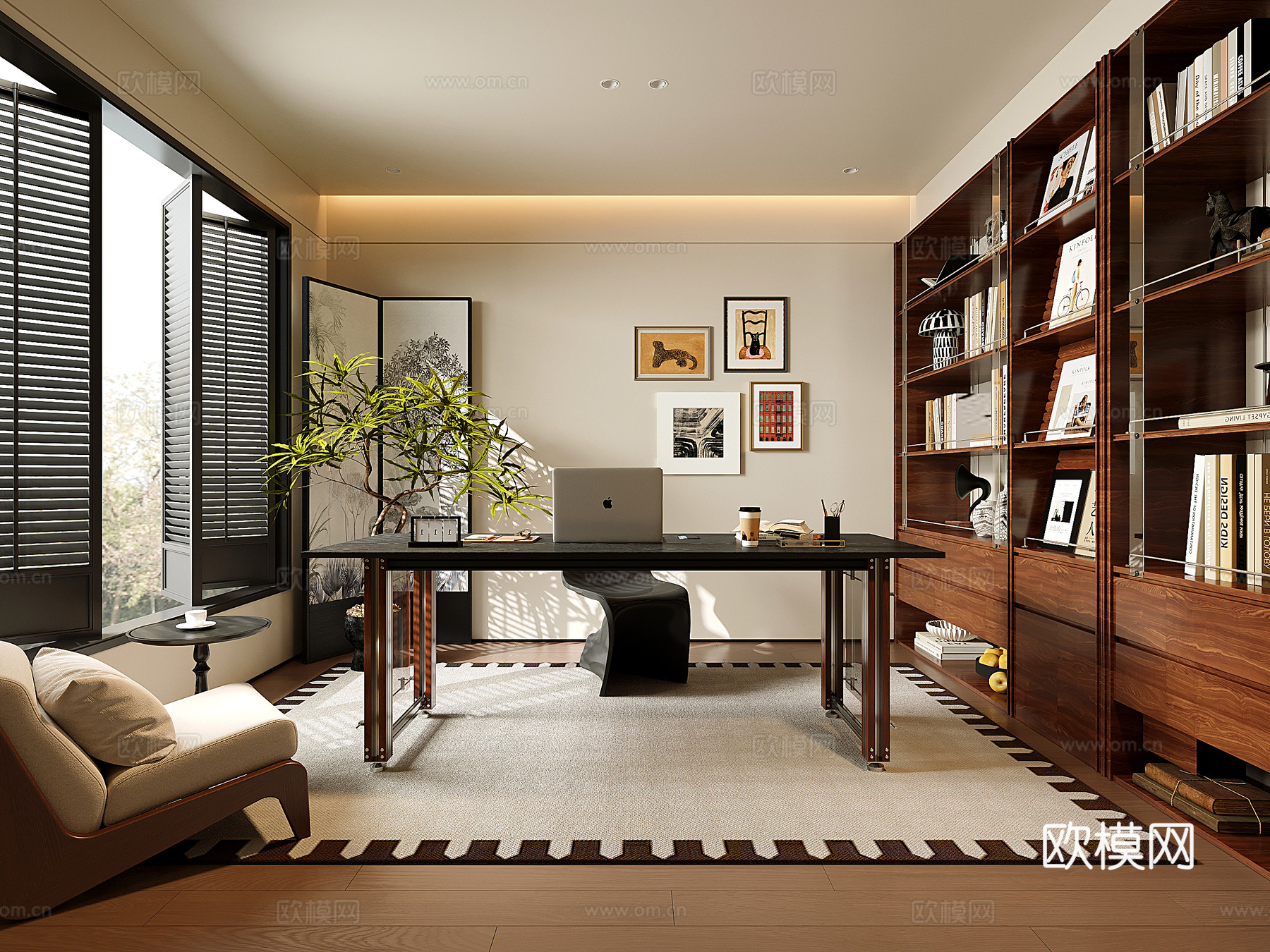 中古现代书房 开放式书柜 书桌椅su模型