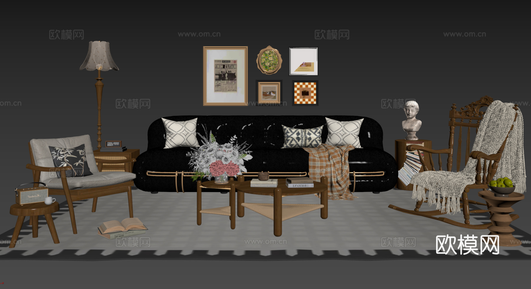 法式复古沙发组合 单人沙发 休闲椅 茶几 落地灯 装饰画su模型