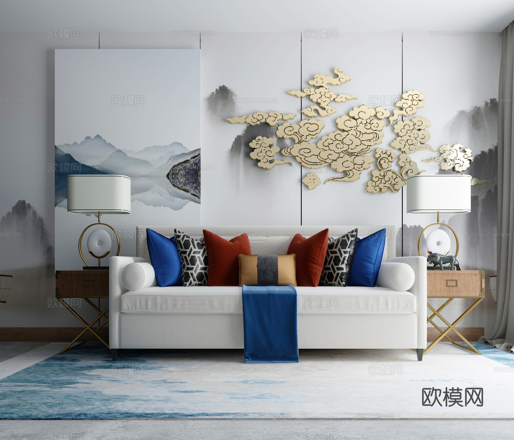 新中式沙发茶几组合3d模型下载（渲染图1）