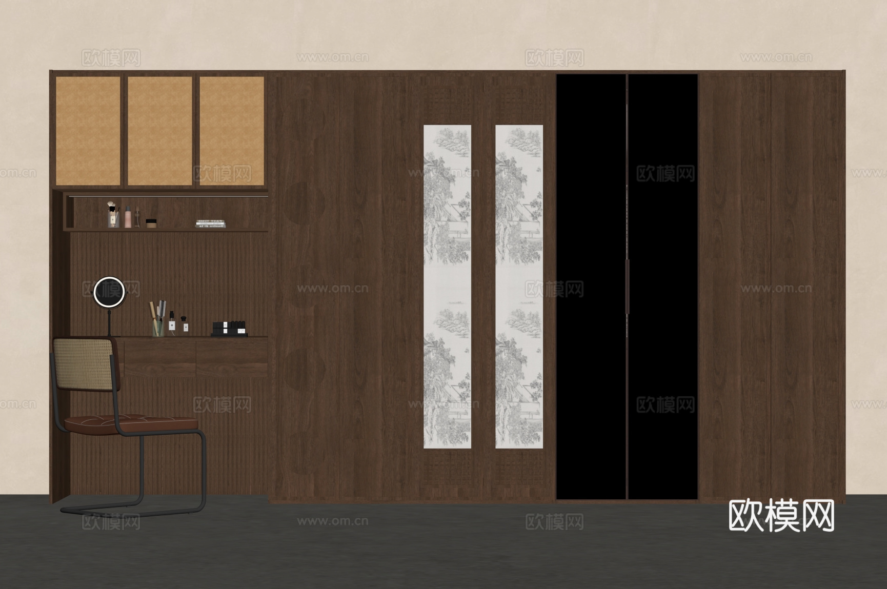 新中式衣柜 宋式风衣柜 梳妆台一体柜su模型