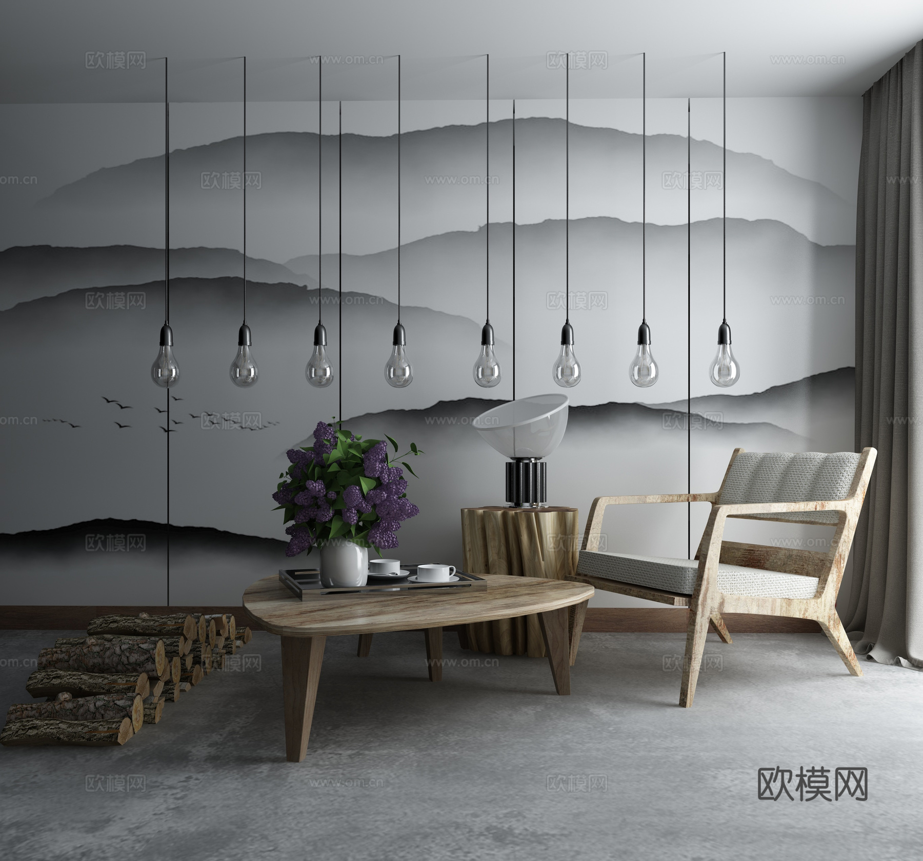 新中式沙发茶几组合 吊灯3d模型下载（渲染图2）