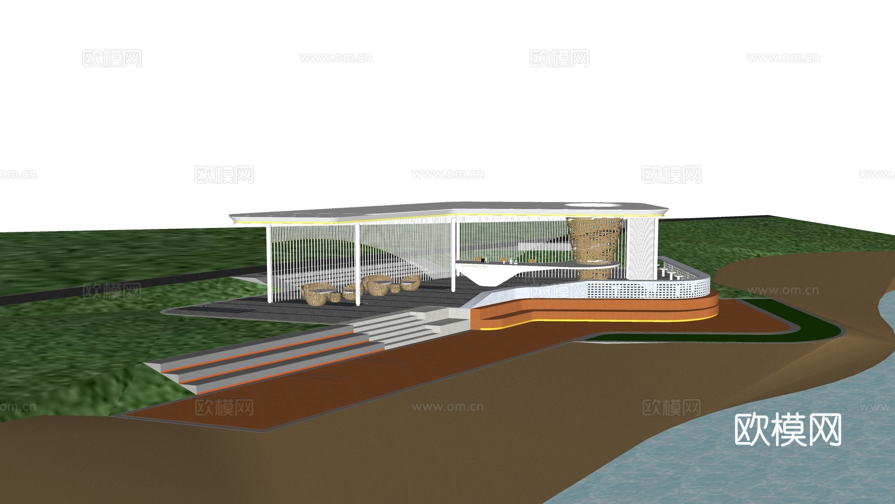 现代廊架 异形廊架 滨水廊架su模型下载（渲染图2）