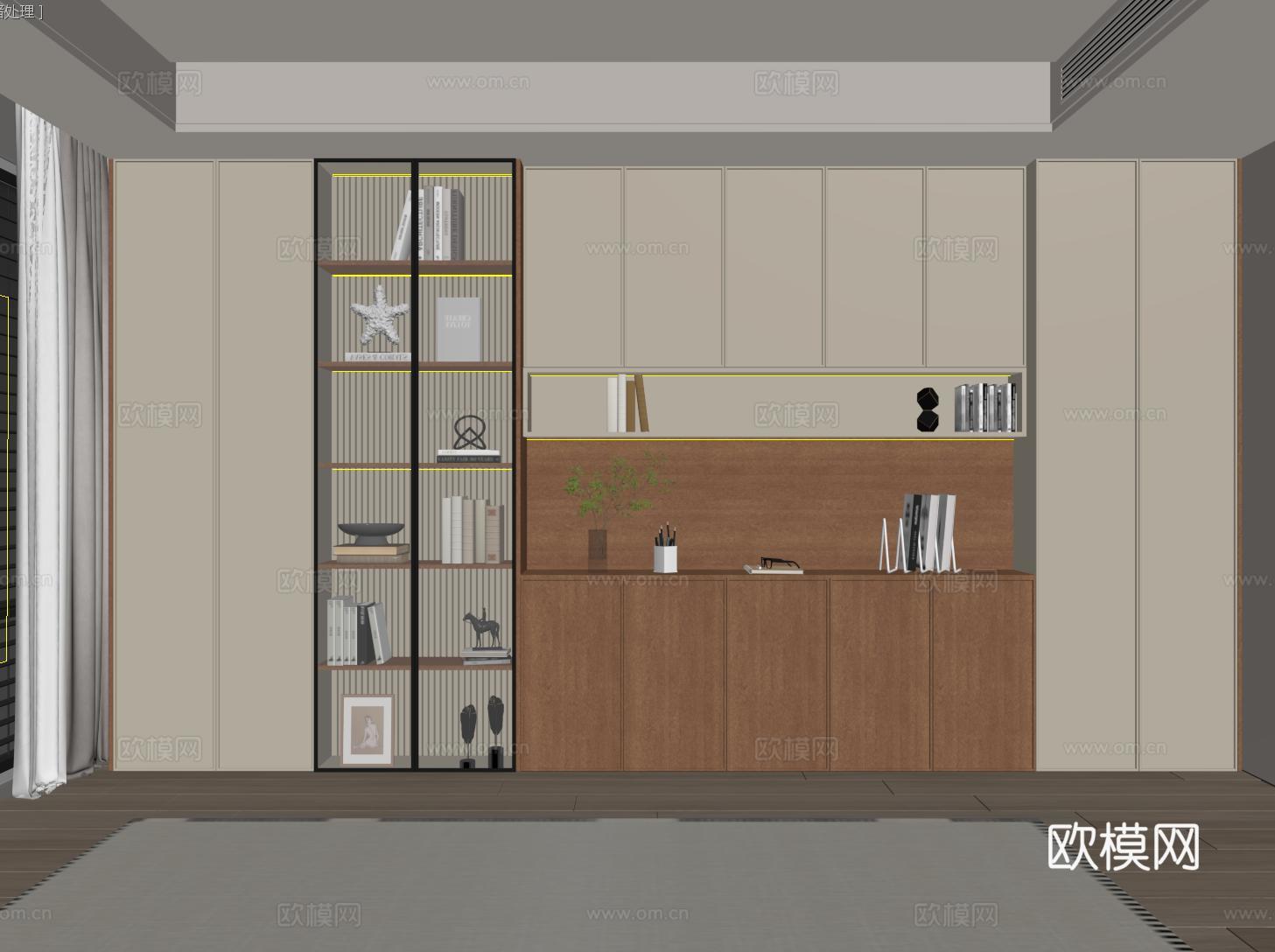 现代定制书柜 玻璃门书柜 开放格书柜su模型