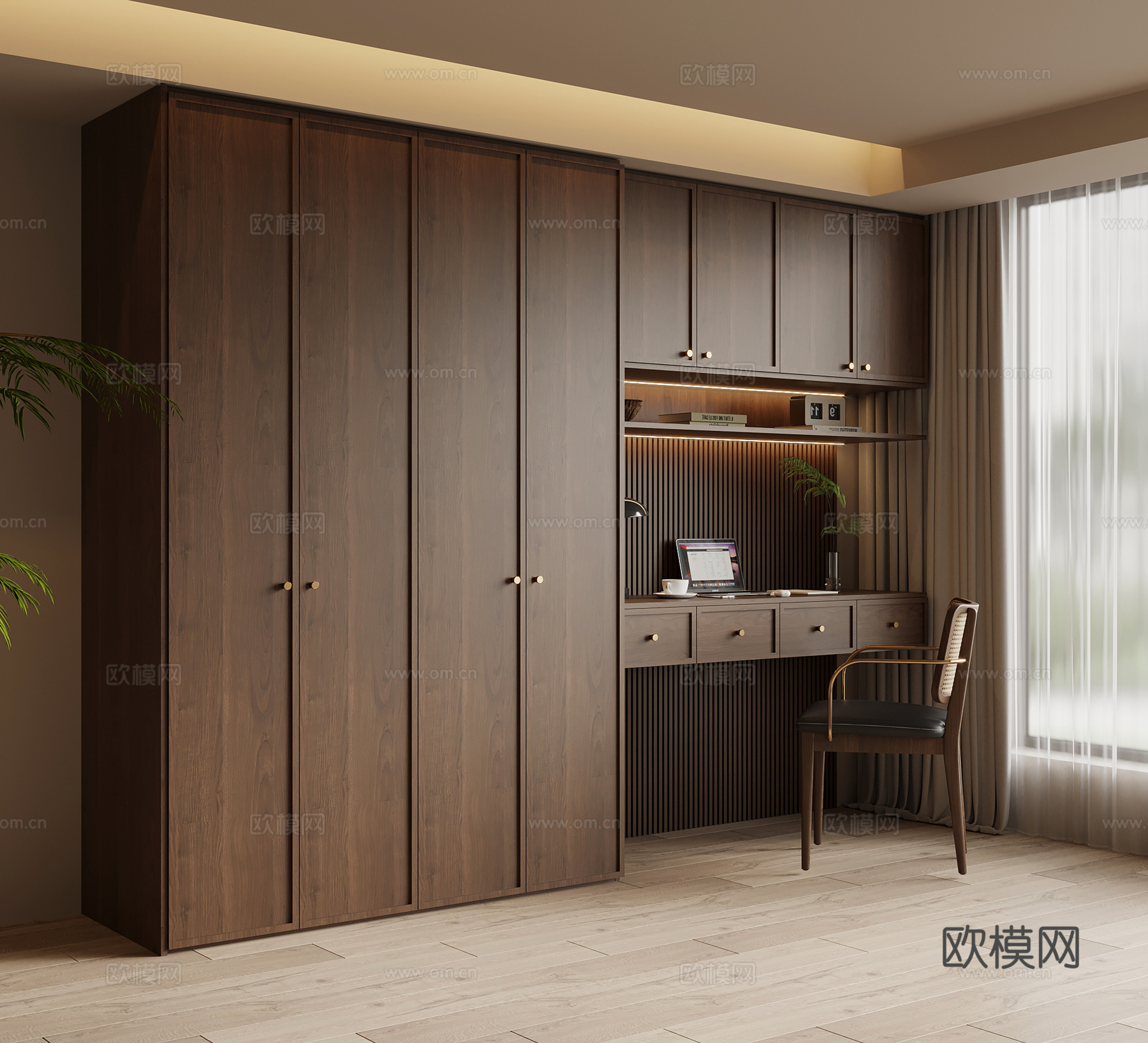 中古风衣柜 书桌椅一体柜su模型