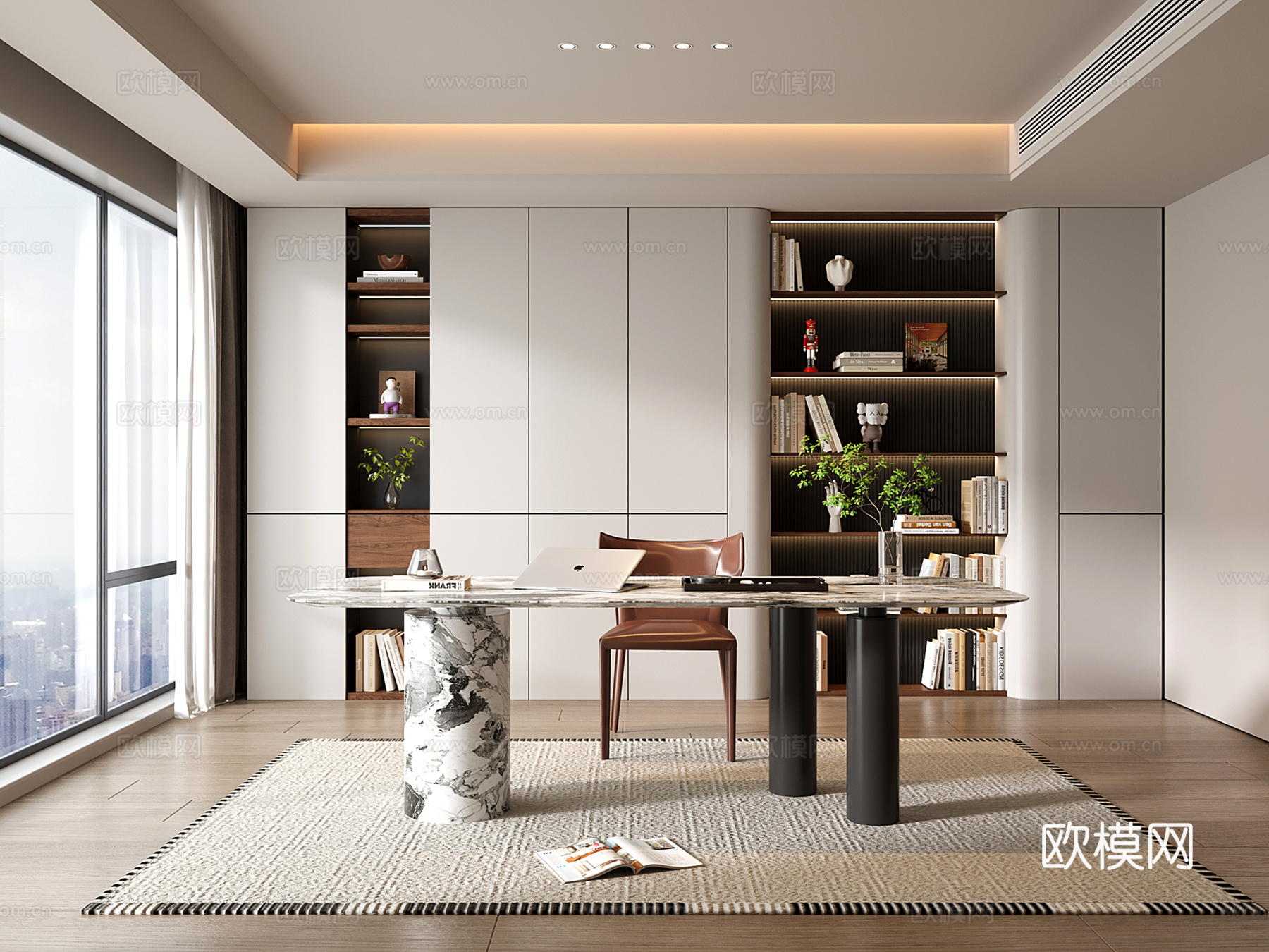 现代书房 书柜 书桌椅su模型下载（渲染图1）