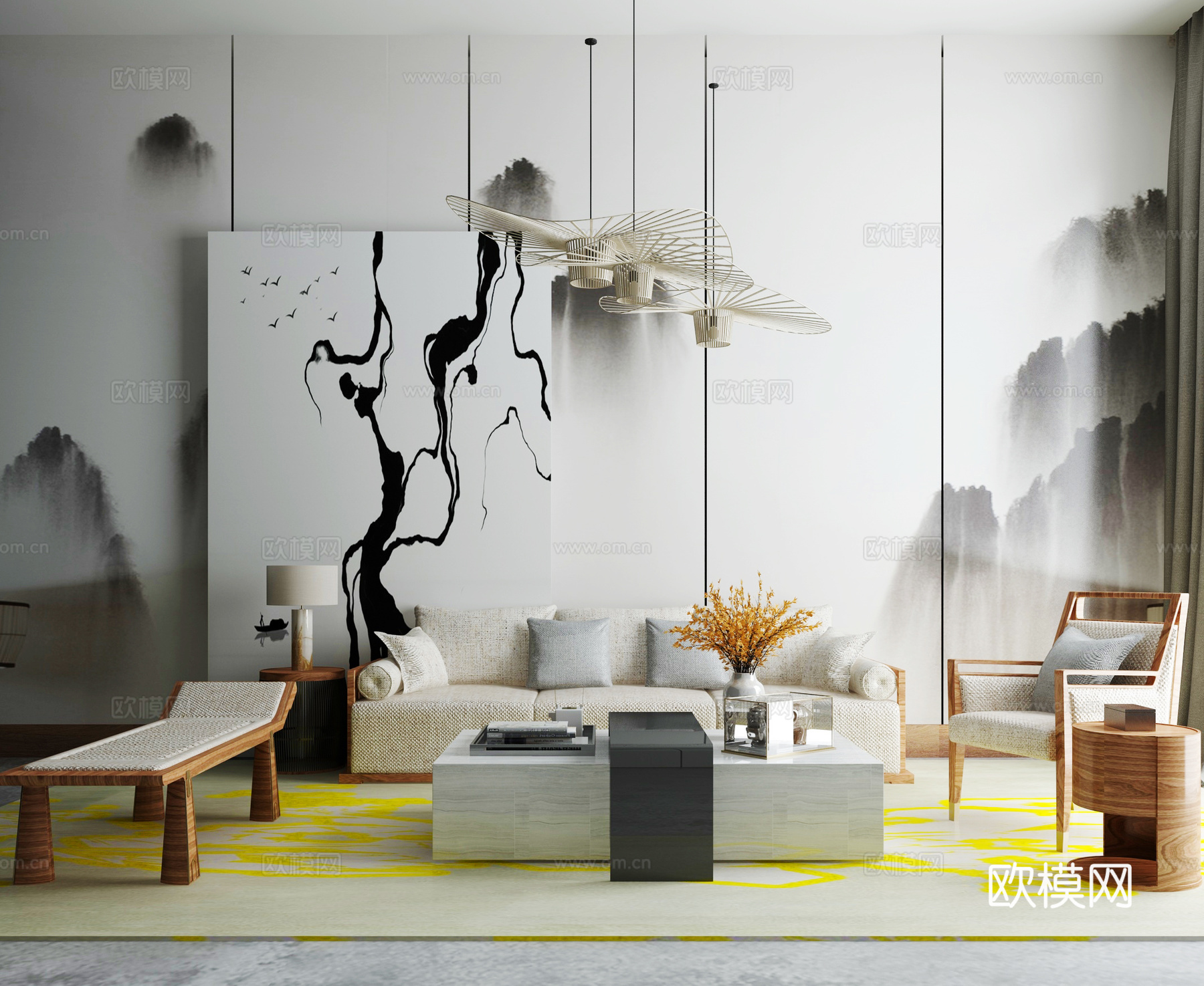 新中式沙发茶几组合3d模型下载（渲染图1）