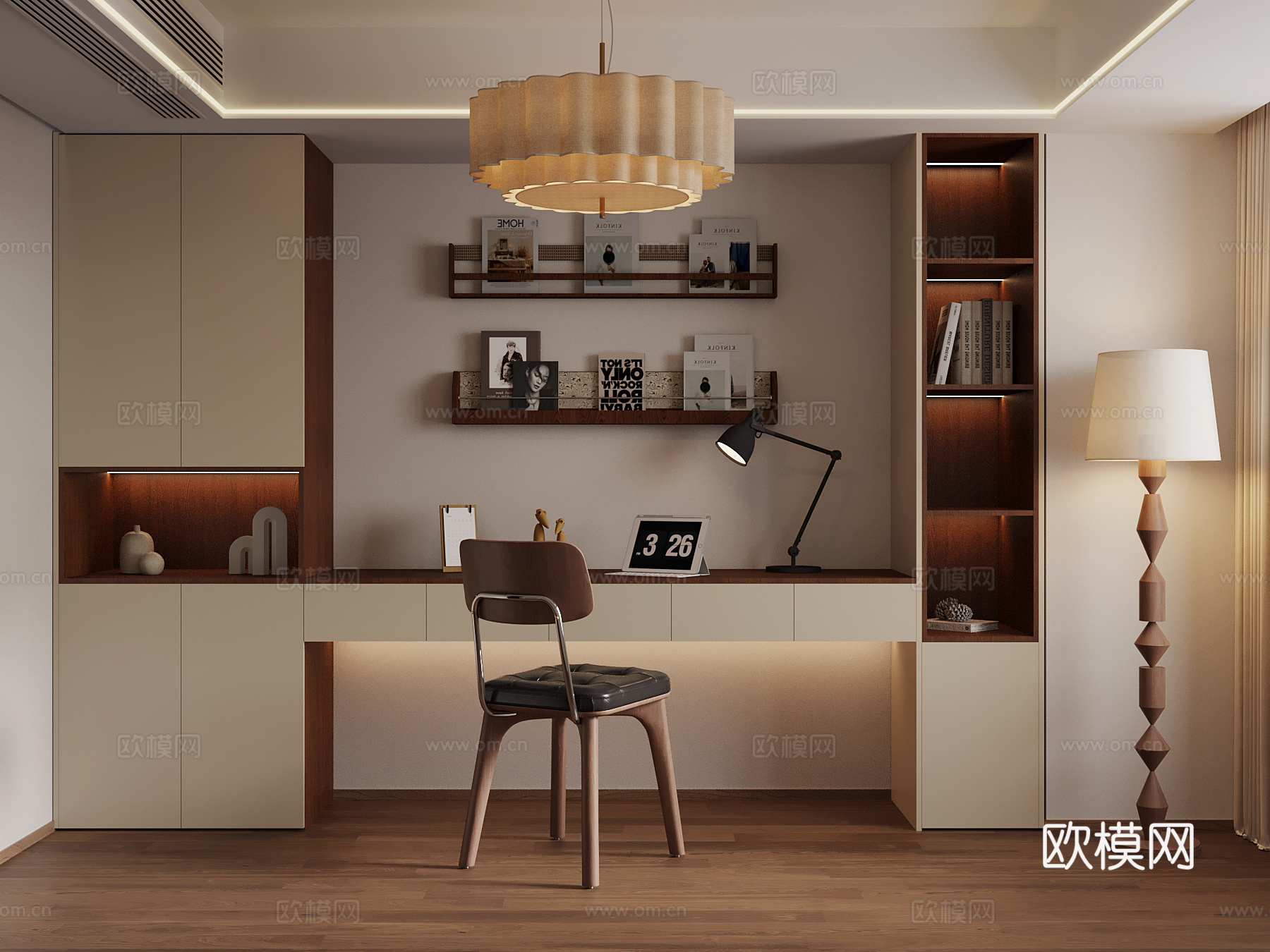 中古风书房 书柜 书桌椅su模型