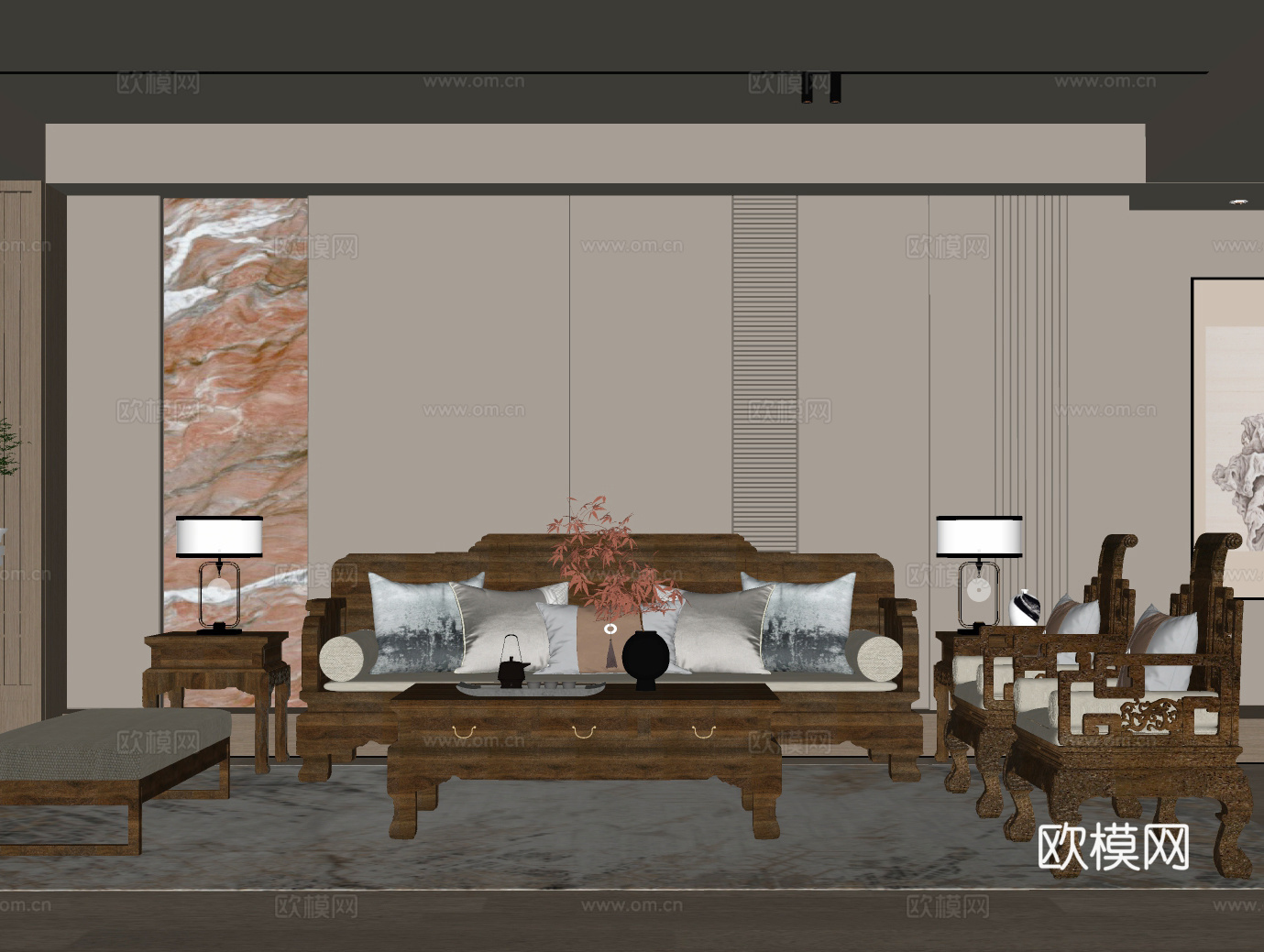 新中式客厅 沙发 实木沙发 中式沙发su模型