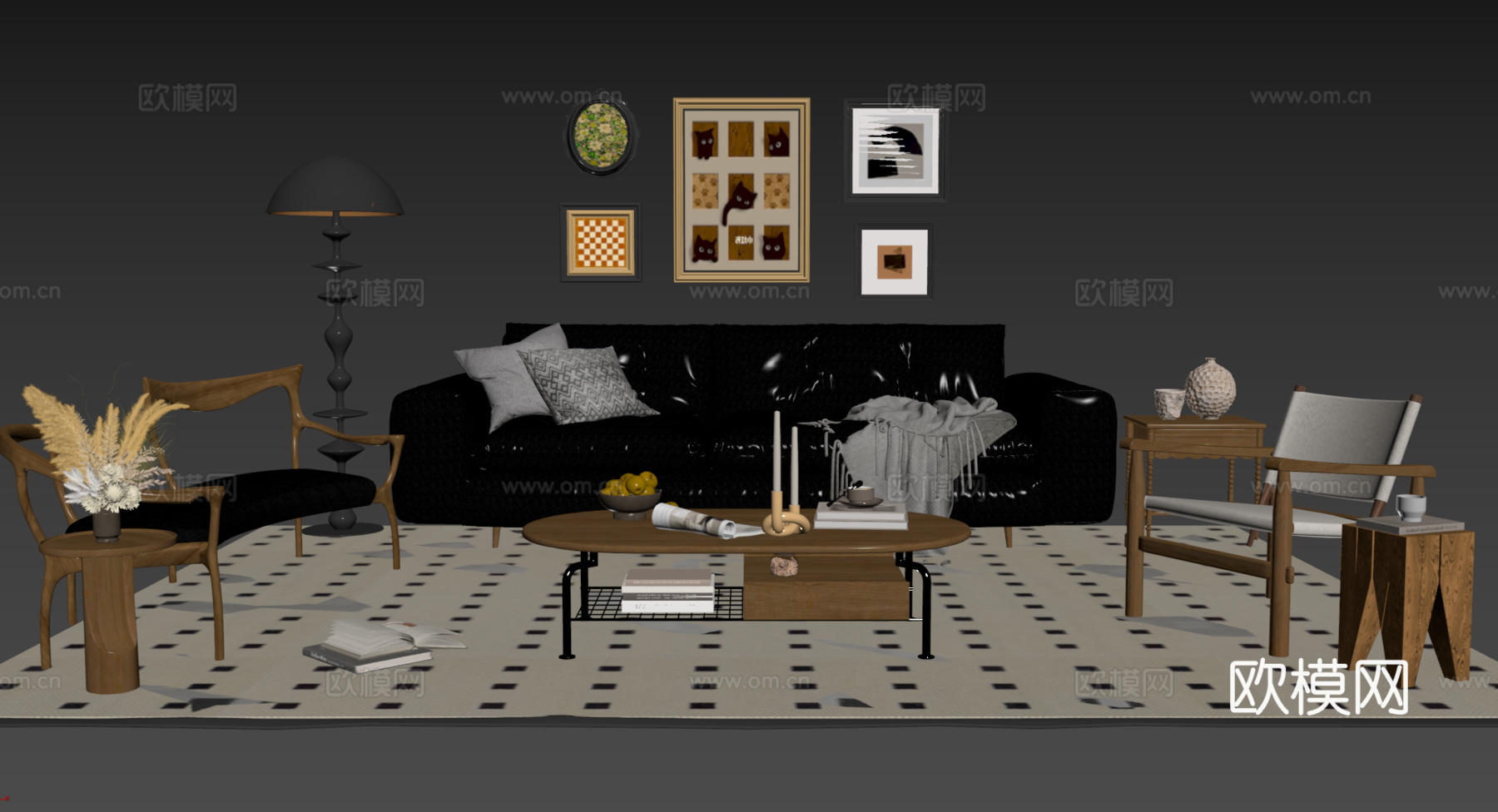 法式复古沙发组合 单人沙发 休闲椅 茶几 落地灯 装饰画su模型