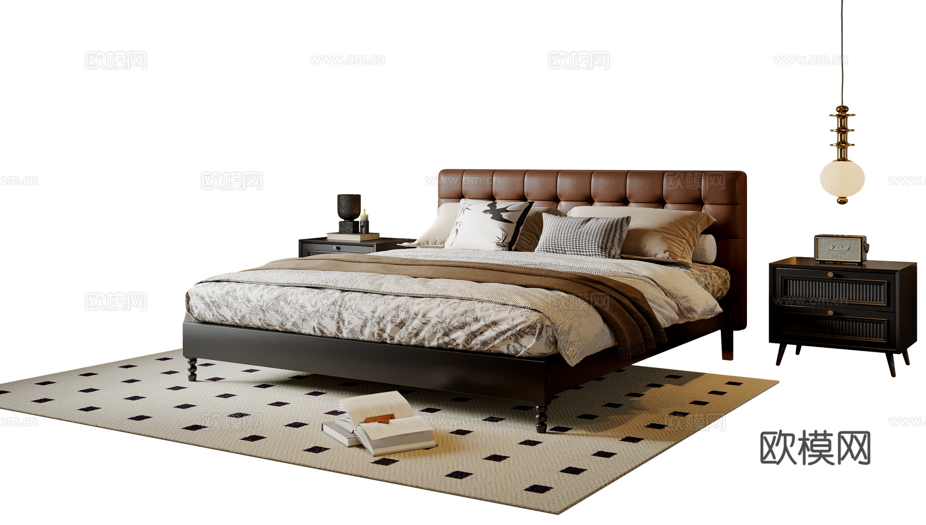 法式双人床 实木双人床 床头柜 吊灯 地毯su模型