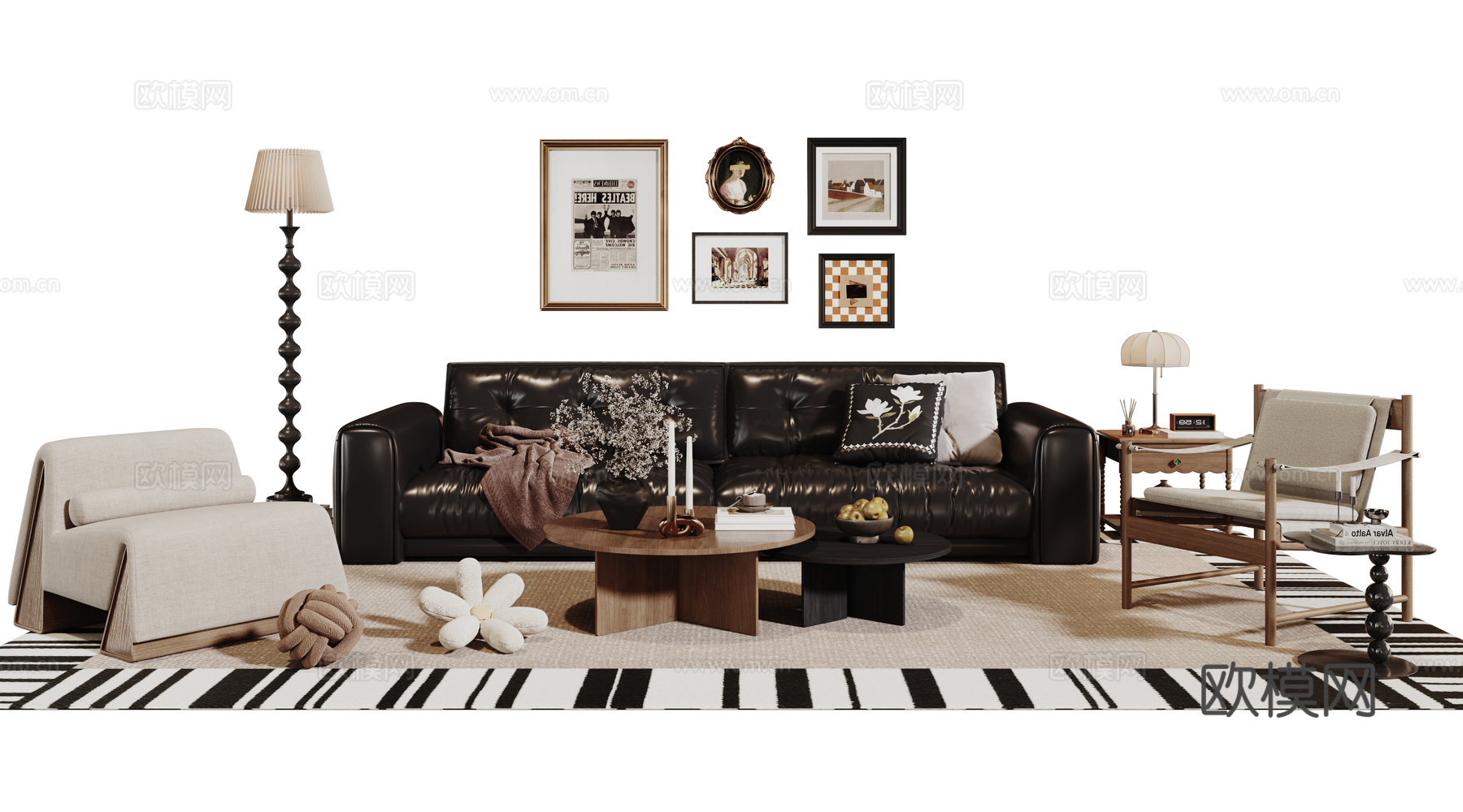 法式复古沙发组合 单人沙发 休闲椅 茶几 落地灯 装饰画su模型