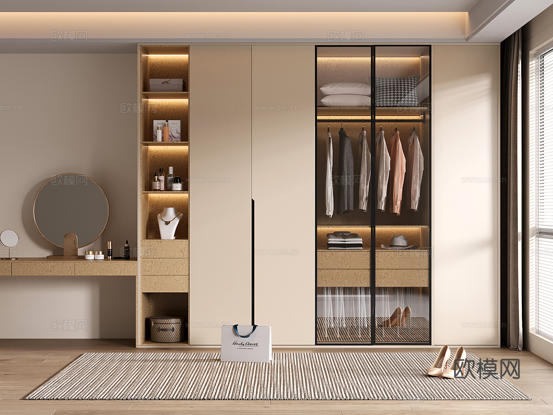 现代定制衣柜 通顶衣柜 开放格 玻璃柜门su模型