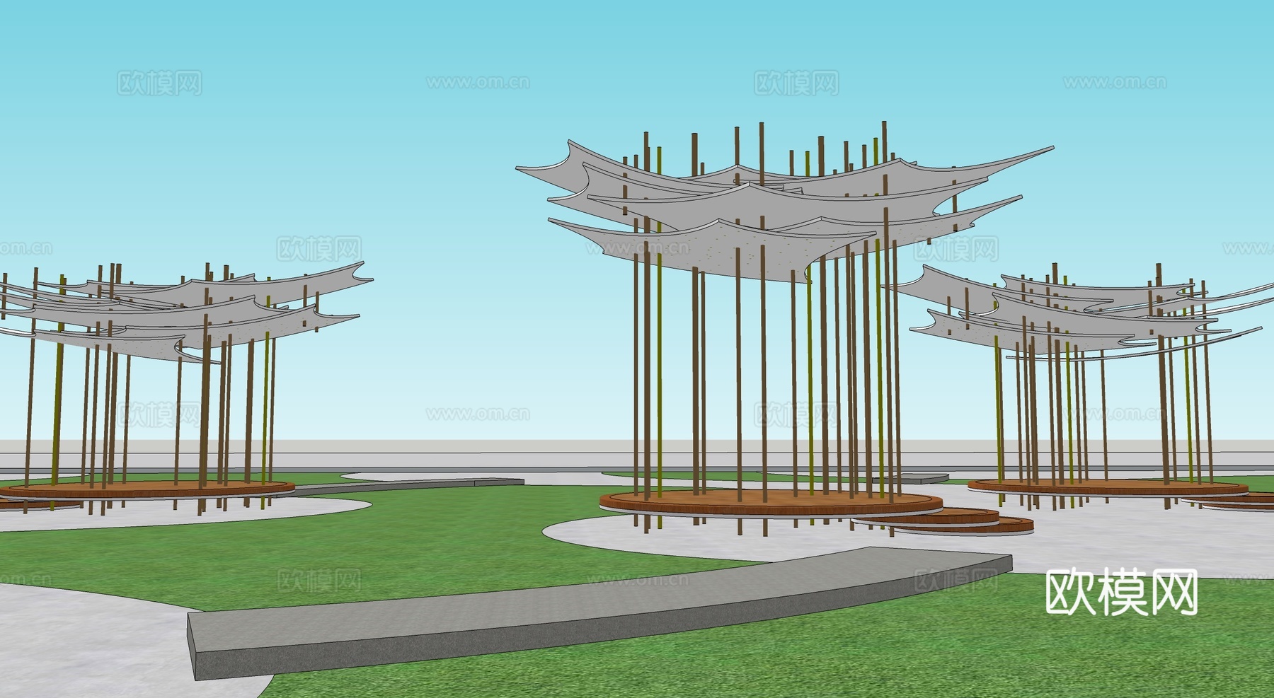 现代景观廊架 几何云朵廊架su模型下载（渲染图2）
