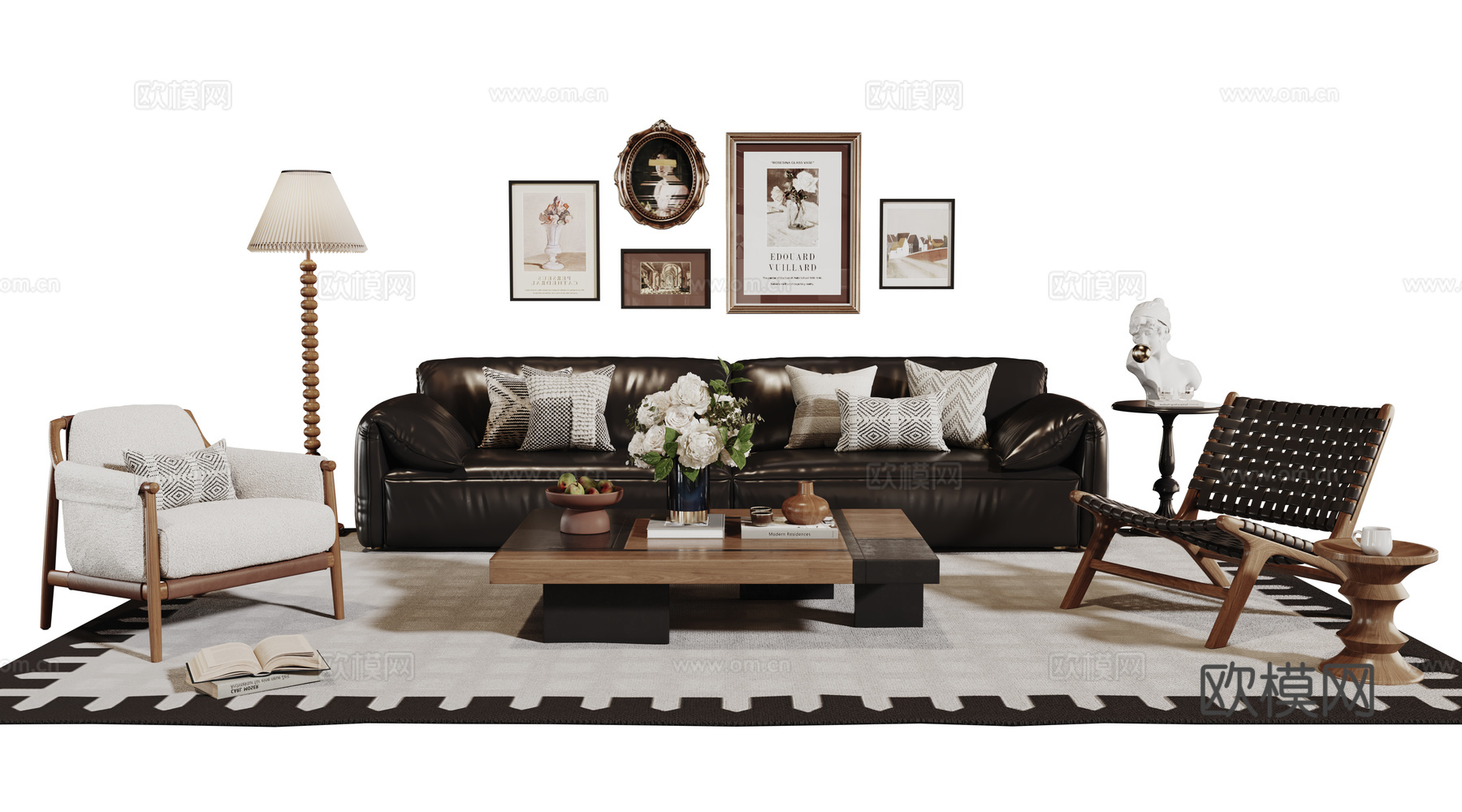 法式复古沙发组合 单人沙发 休闲椅 茶几 落地灯 装饰画su模型