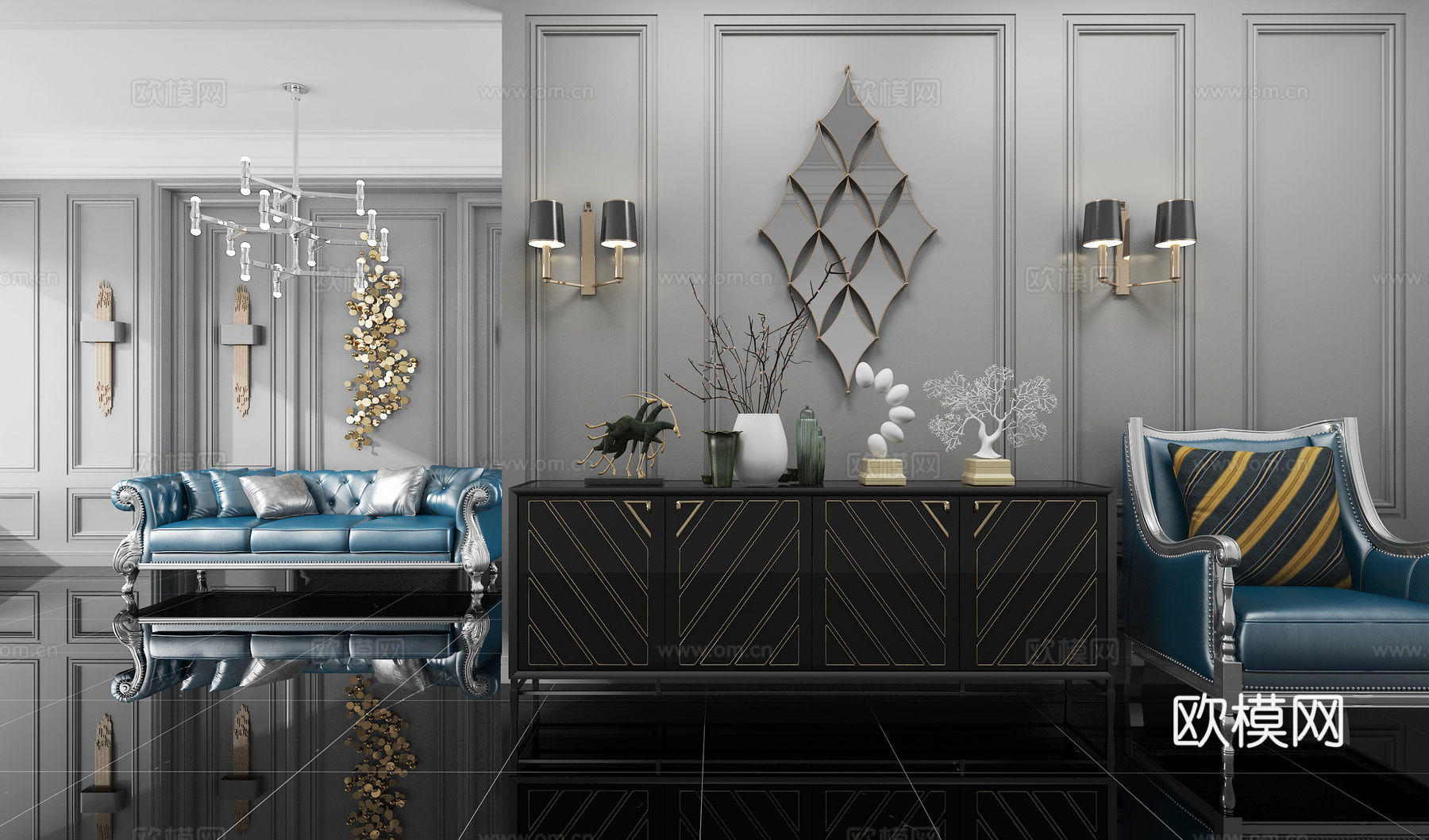 欧式古典沙发茶几组合3d模型下载（渲染图2）